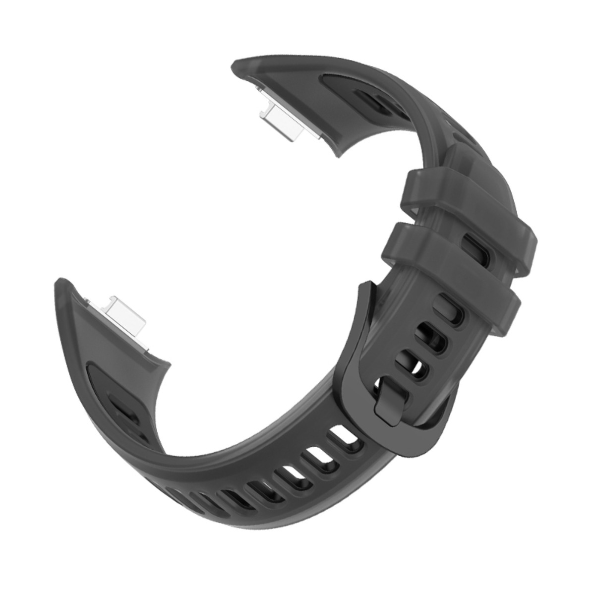 Ein schwarzes Uhrenarmband mit Lüftungsschlitzen und einer Schnalle.