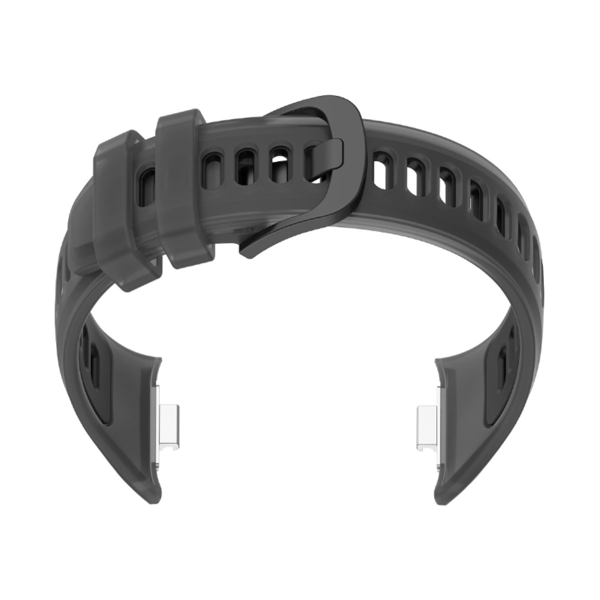 Ein graues Uhrenarmband mit Schnalle und Belüftungslöchern.