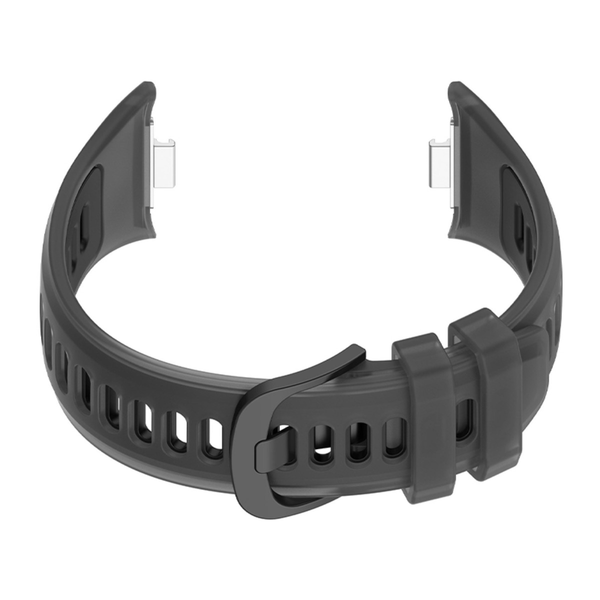 Ein graues, flexibles Armband mit Schnalle und Lüftungsschlitzen.