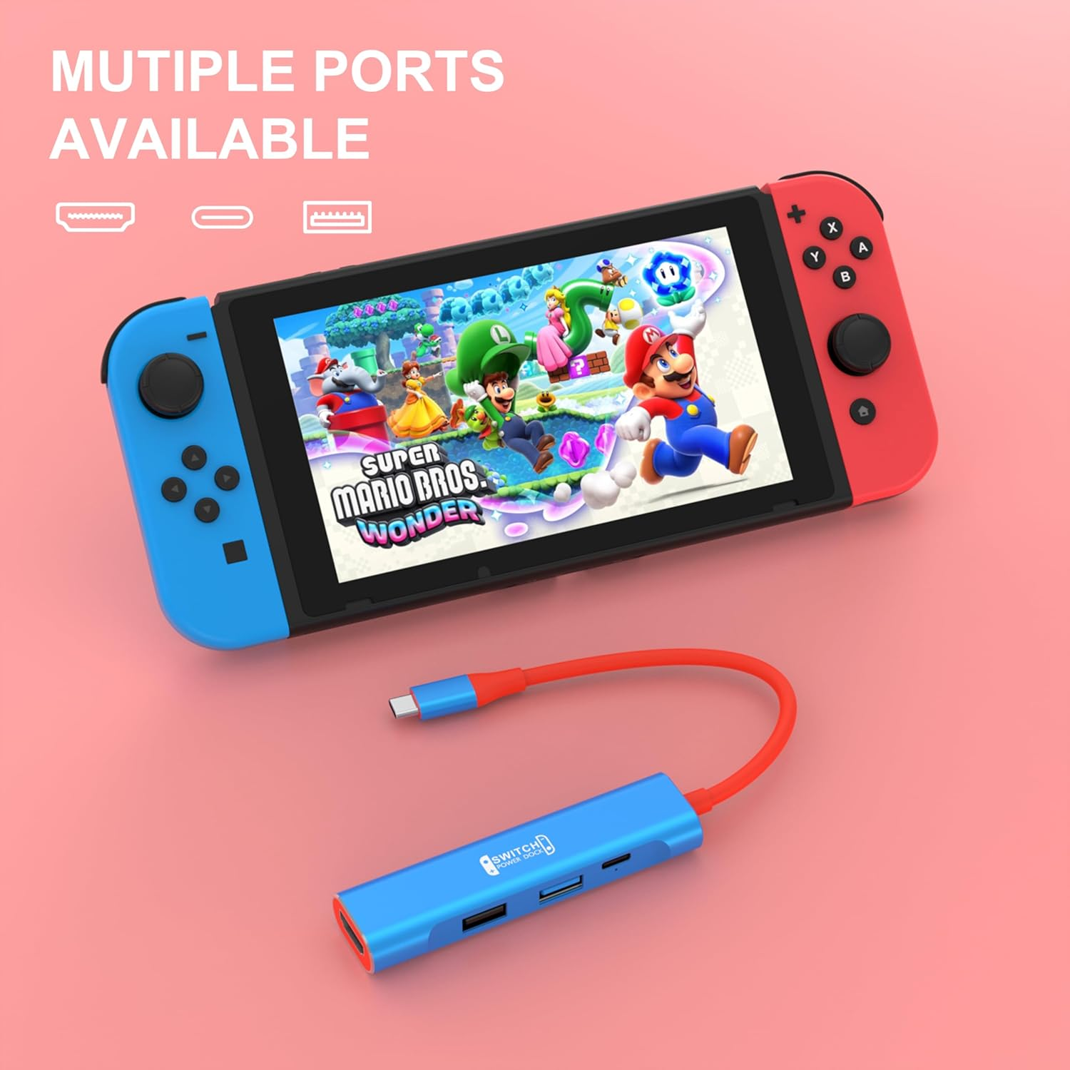 Nintendo Switch mit Super Mario Bros. Wonder und Zubehör.