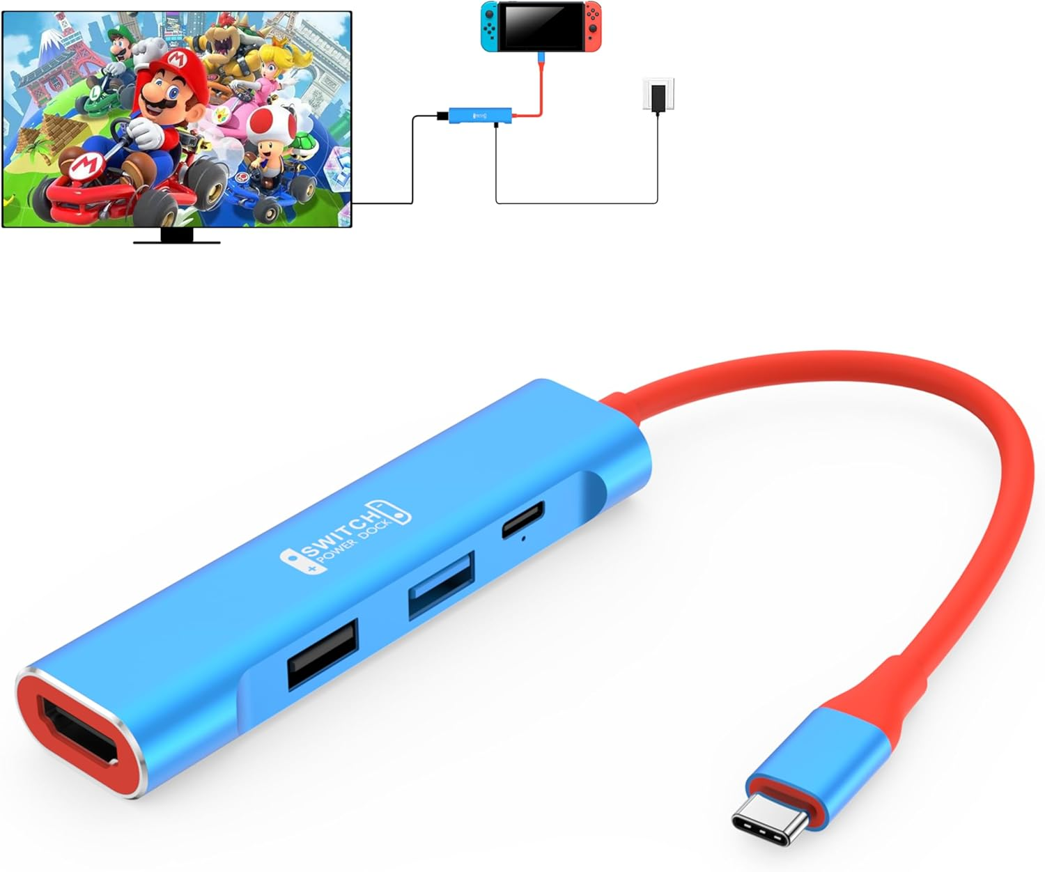 Ein blauer Switch-Dock mit HDMI-, USB-Anschlüssen und rotem Kabel zu USB-C.