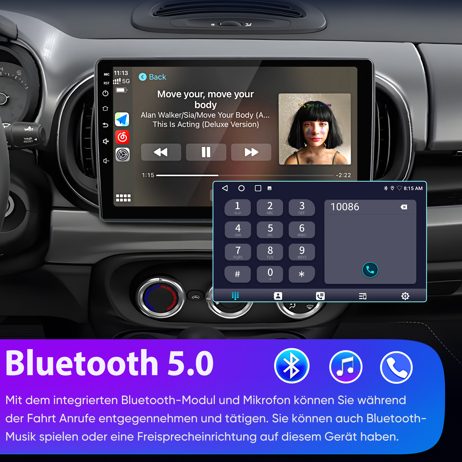 Auto-Infotainment-System zeigt Musikwiedergabe und Ziffernblock an.