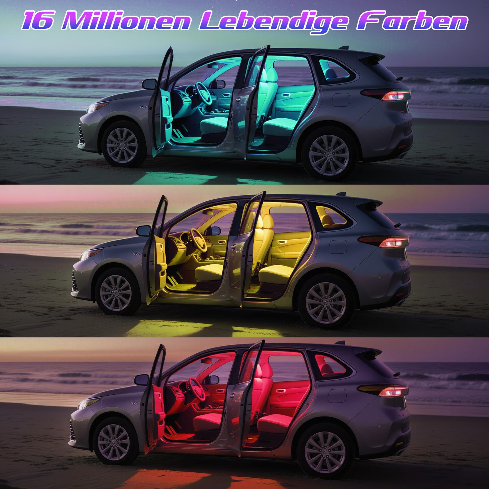 Ein Auto am Strand bei Nacht, mit Innenbeleuchtung in Grün, Gelb und Rot.