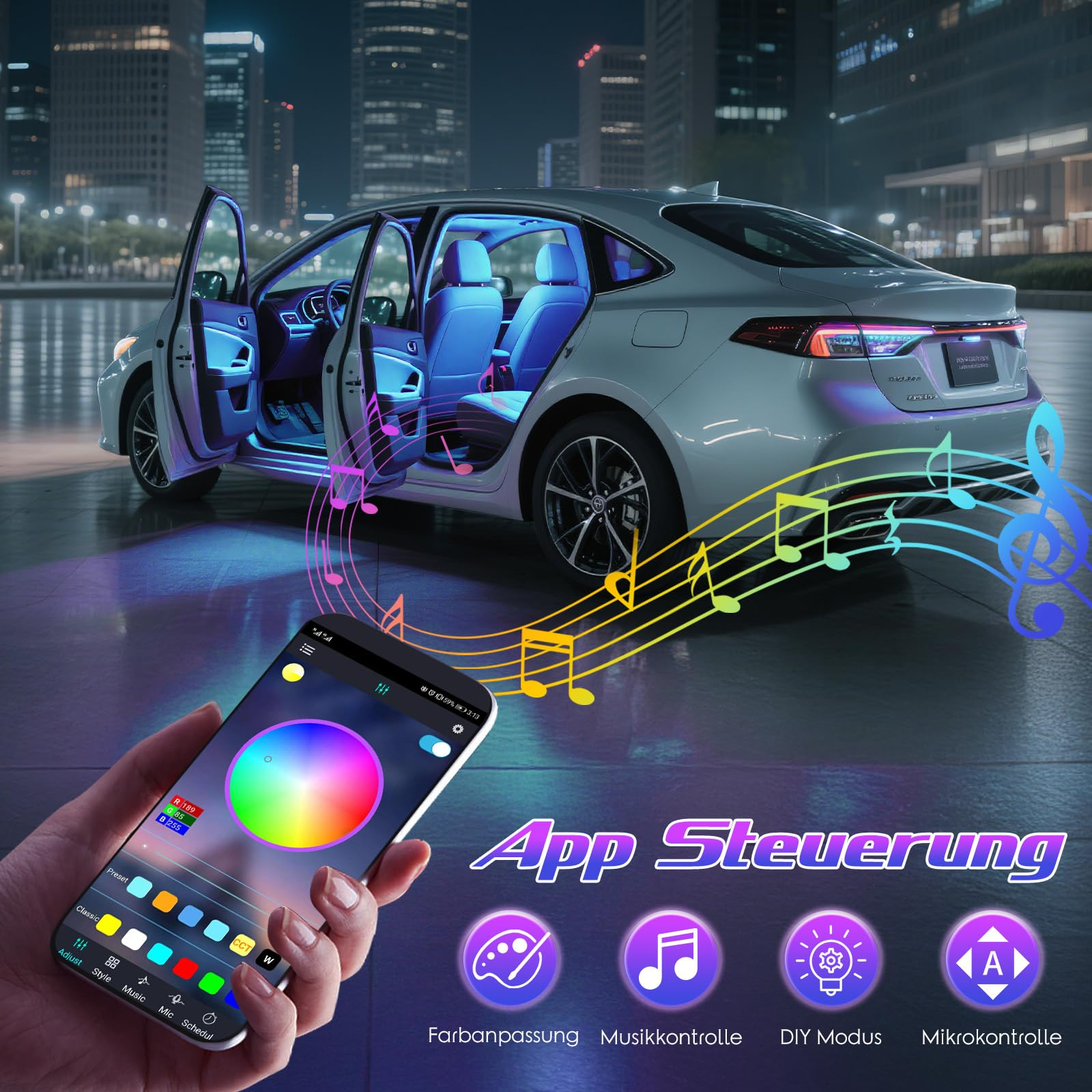 Ein Auto mit geöffneten Türen und blauer Innenbeleuchtung, gesteuert per App.