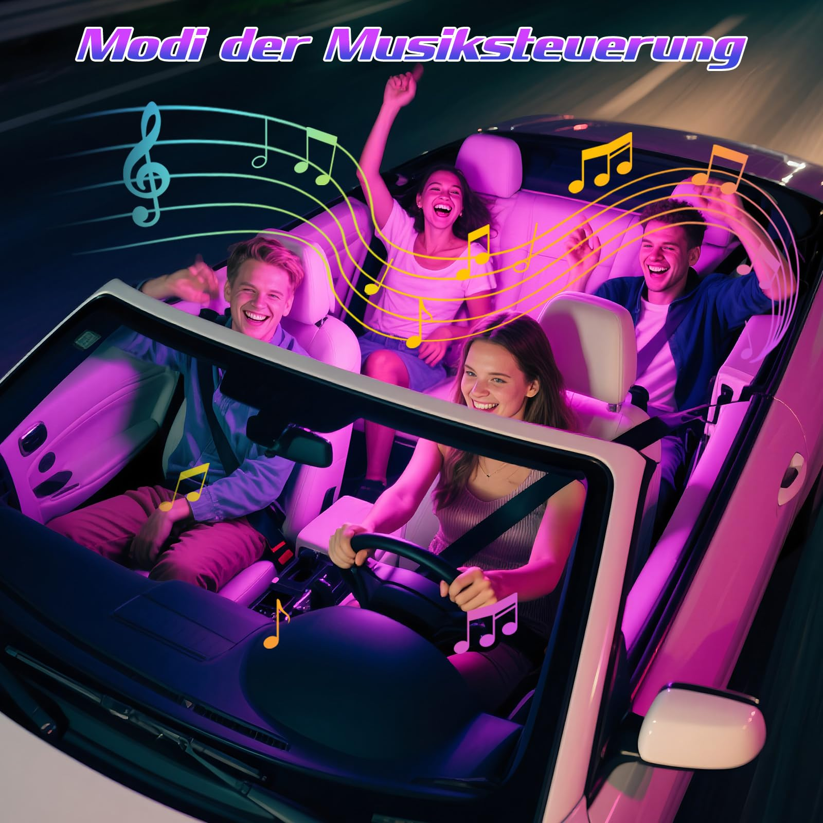 Vier Freunde fahren in einem Cabrio bei Nacht, bunte Lichter und Noten.