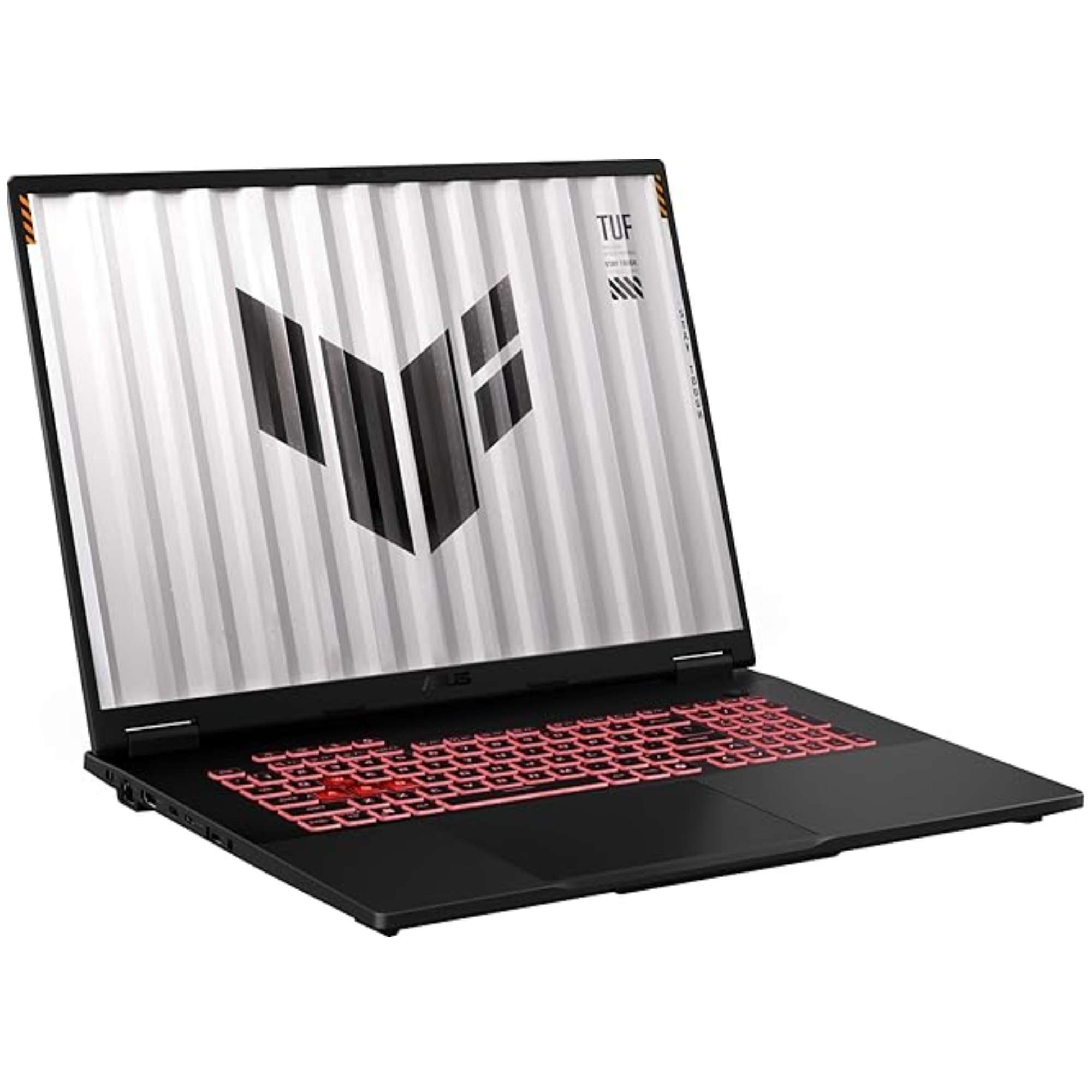 Schwarzer Laptop mit roter Tastatur und TUF-Logo auf dem Bildschirm.