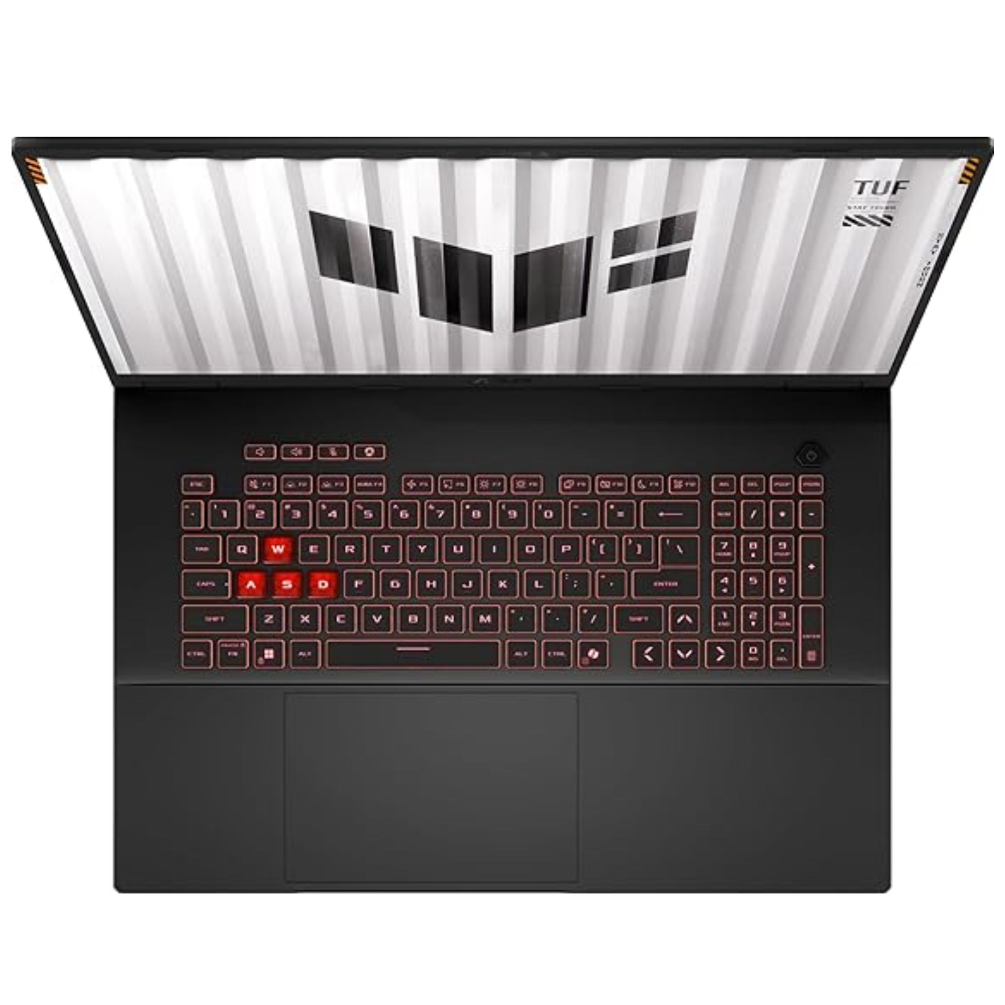 Offener Laptop mit beleuchteter roter Tastatur und gestreiftem Bildschirm.