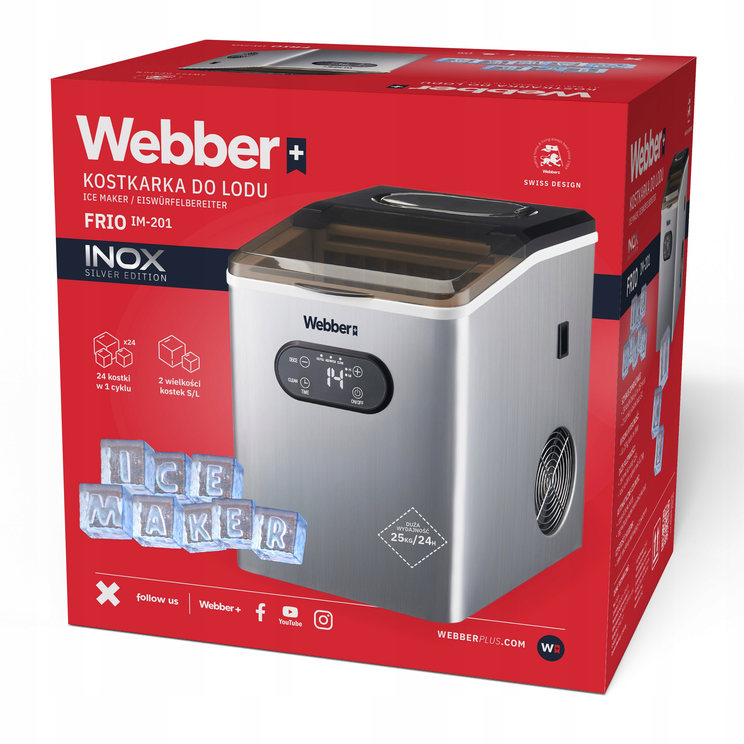 Kostkarka do lodu Webber FRIO IM-201 Silver Edition na czerwonym kartonie z lodem.