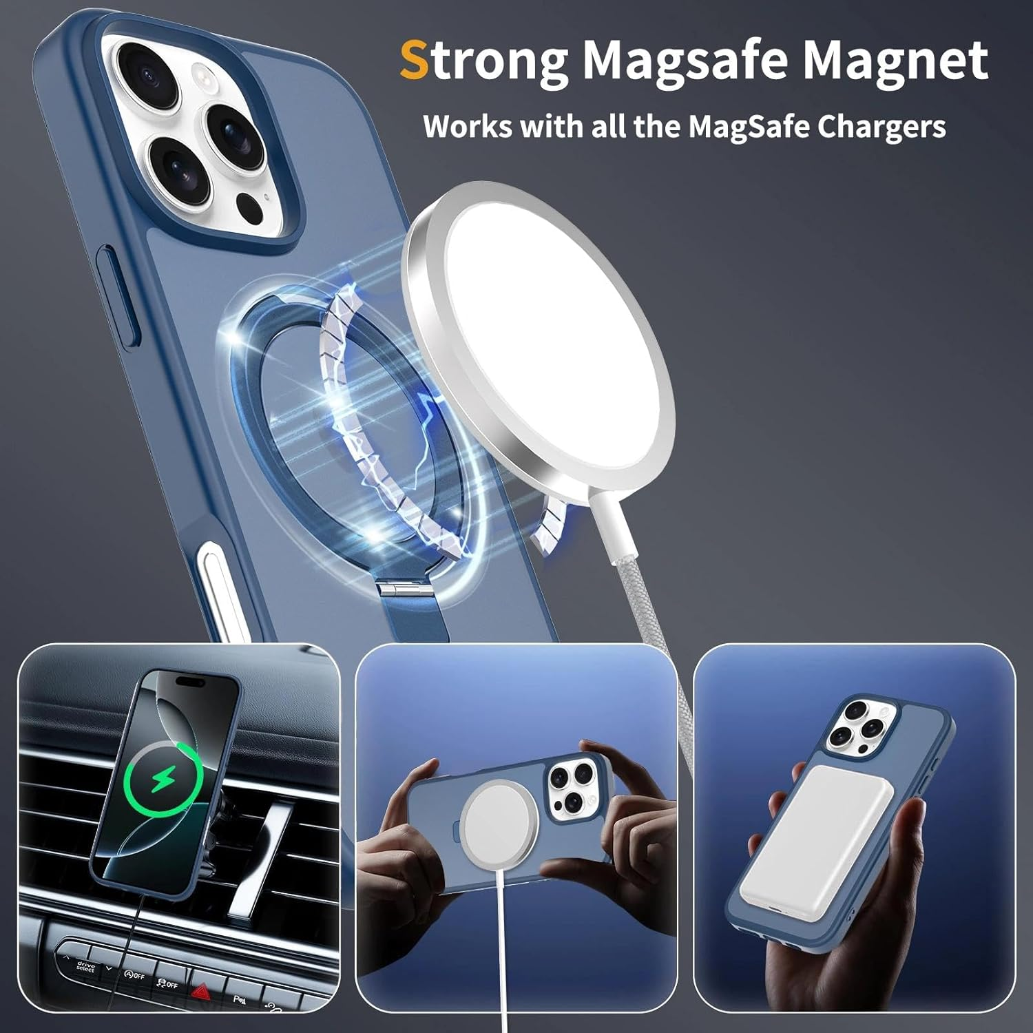 Blaue Handyhülle mit MagSafe-Ladegerät und Kfz-Halterung.