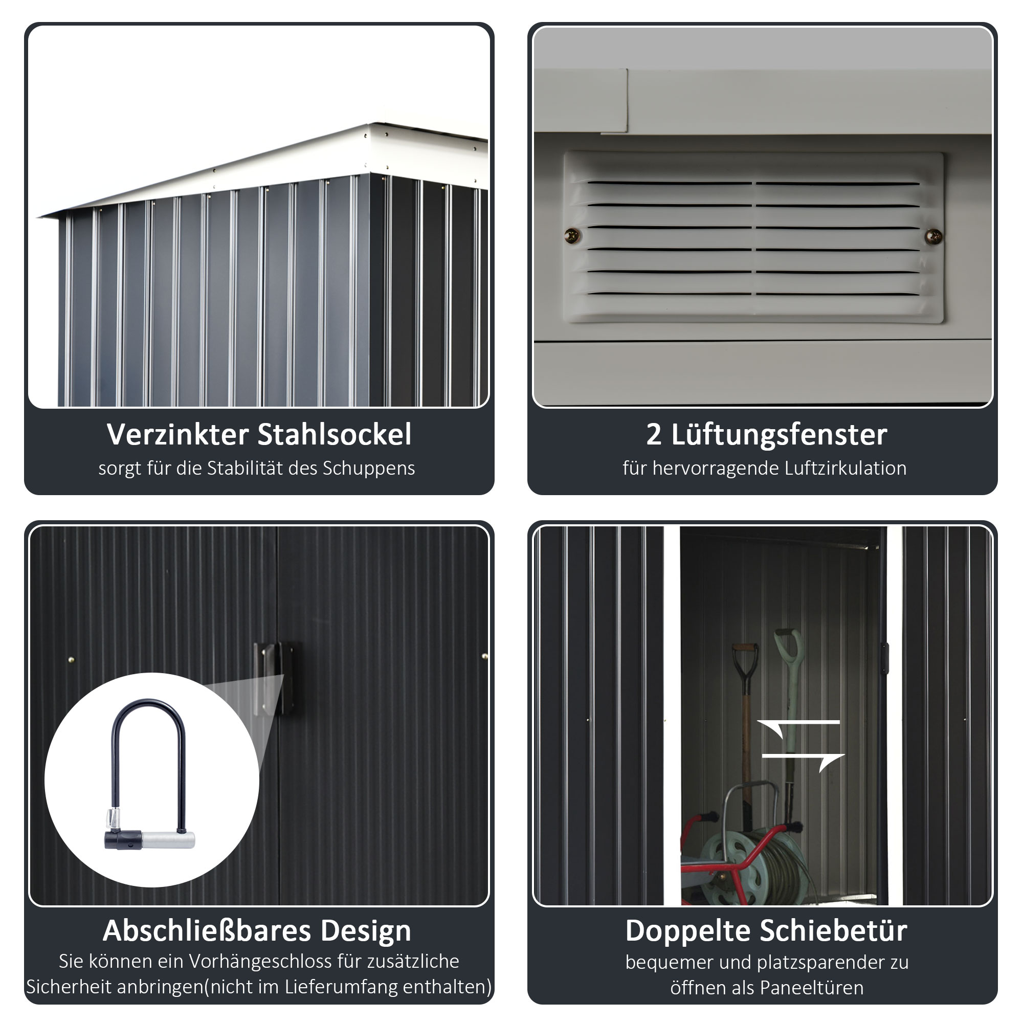 Gartenhaus: Verzinkter Sockel, Lüftungsfenster, Schloss-Design, Schiebetüren.