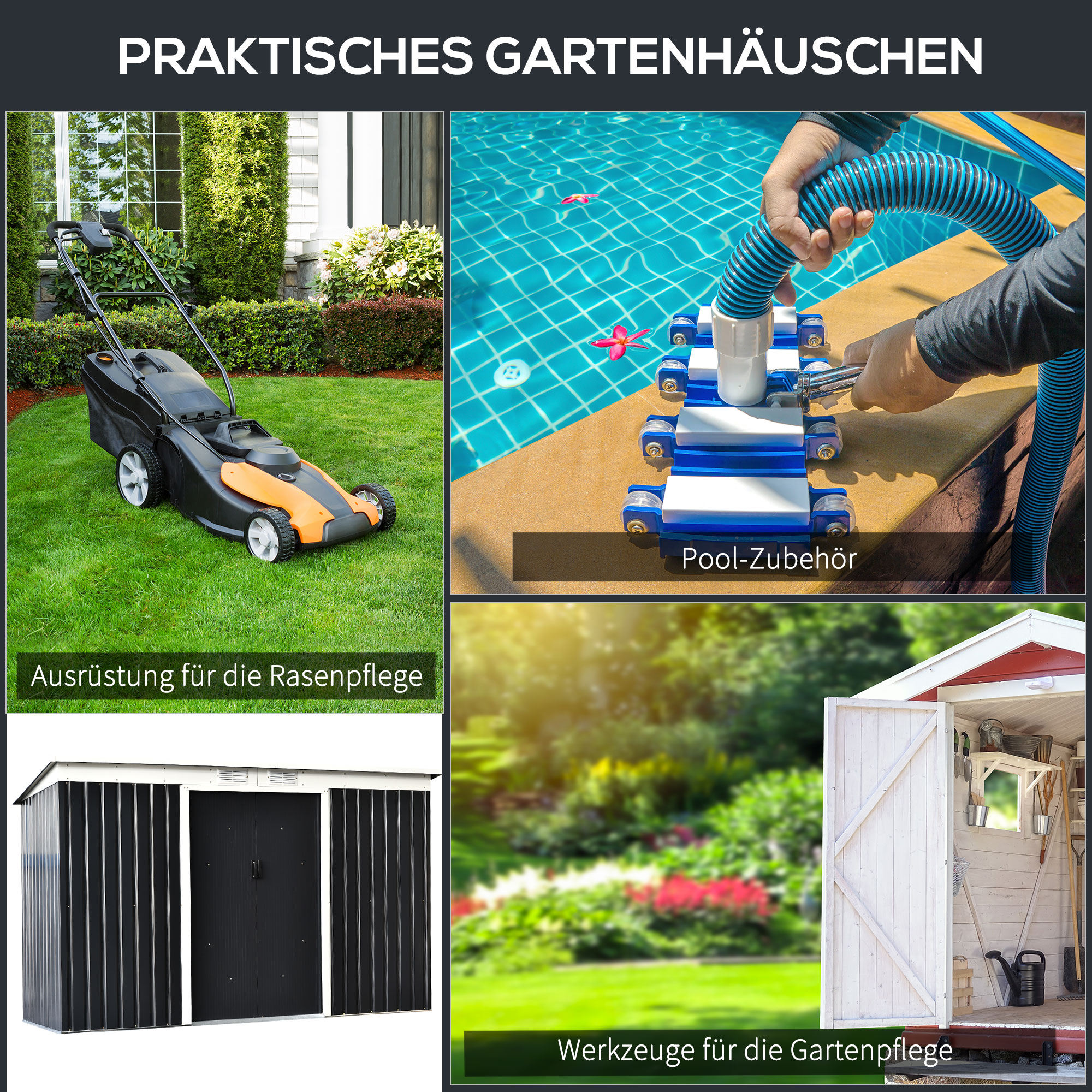 Gartenhaus mit Rasenmäher, Poolreiniger und Gartengeräten.