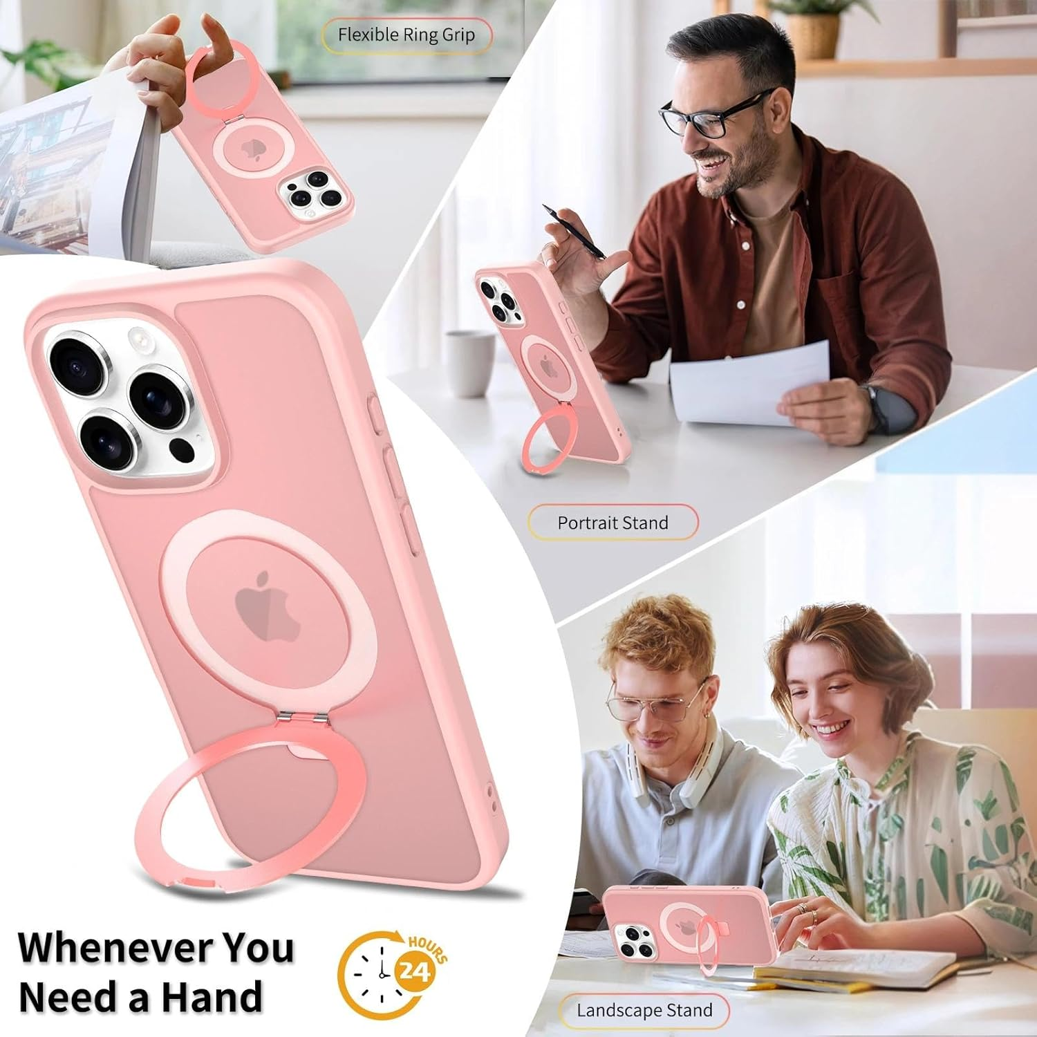 Ein rosa iPhone-Hülle mit integriertem Ringgriff und Ständer wird gezeigt.