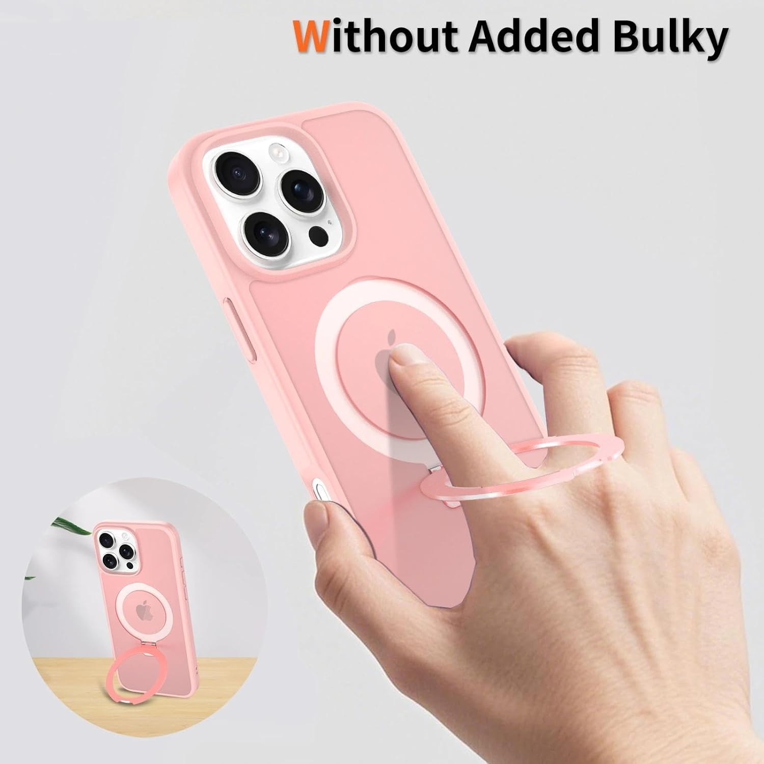 Rosa Handyhülle mit Ringhalter, MagSafe-kompatibel, an einer Hand gezeigt.