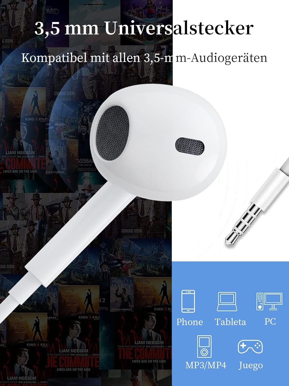 Weiße Kopfhörer mit 3,5-mm-Stecker, kompatibel mit vielen Geräten.