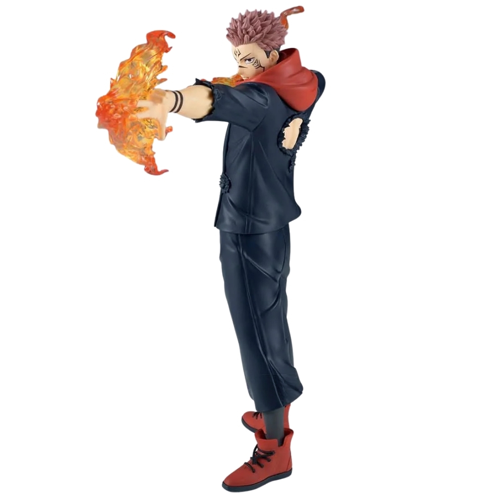 Una figura con capelli rossi, camicia e pantaloni scuri, che tiene il fuoco.