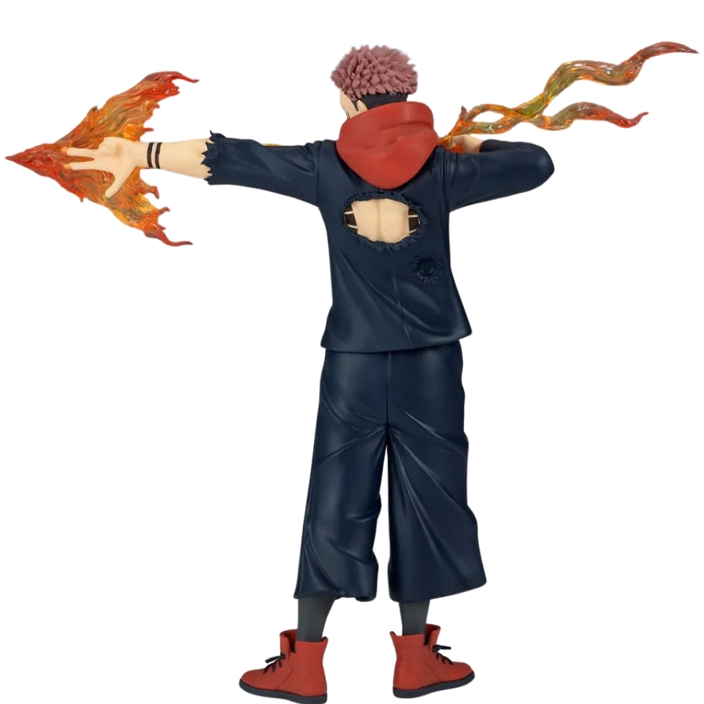 Una figura con capelli rossi, vestita di nero e scarpe rosse. Fiamme emanano dalle sue mani.
