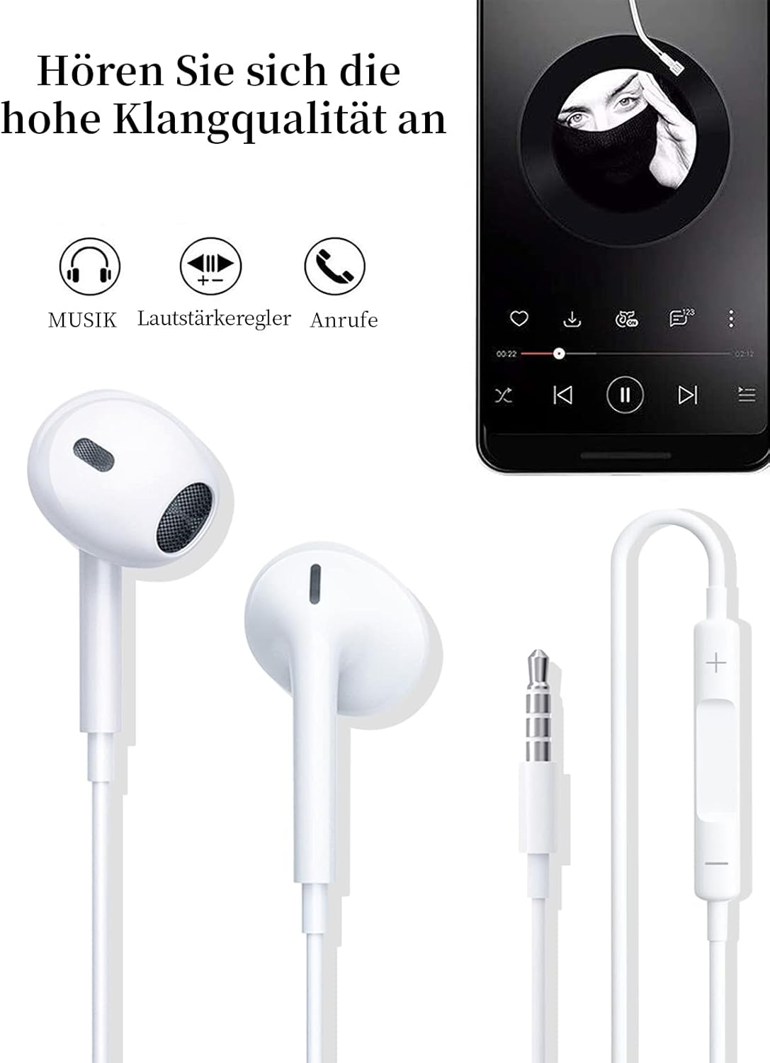 Weiße In-Ear-Kopfhörer mit Kabel und Fernbedienung, daneben ein Smartphone-Bildschirm.