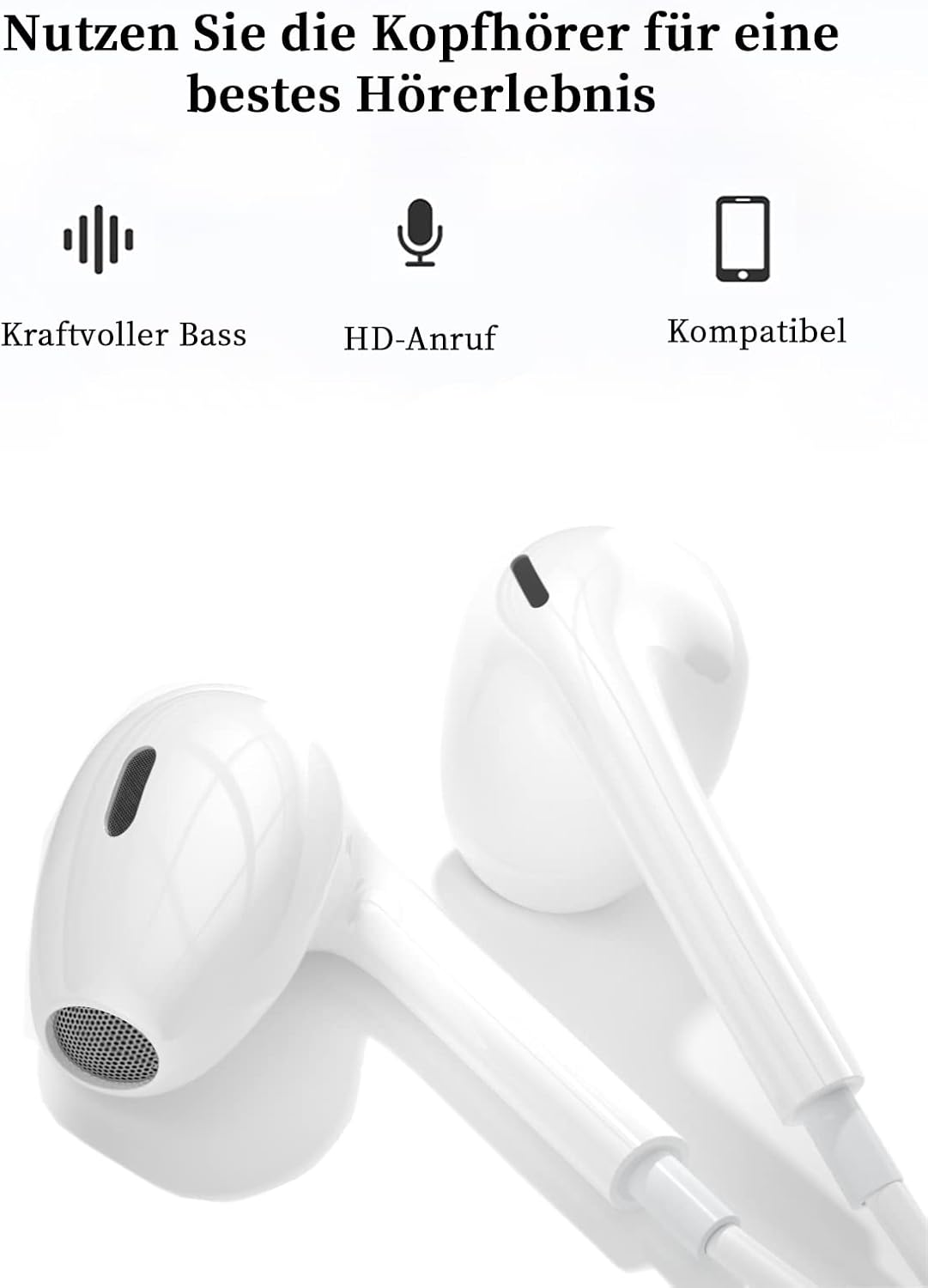 Weiße Kopfhörer mit Symbolen für Bass, Anrufe und Kompatibilität.