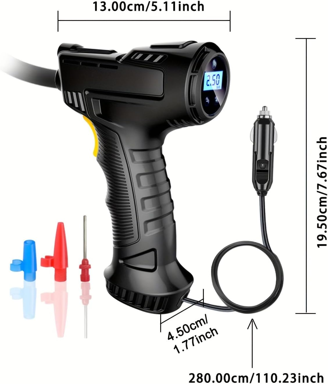 Schwarzer tragbarer Reifenfüller mit digitaler Anzeige, Auto-Stecker und drei Aufsätzen.