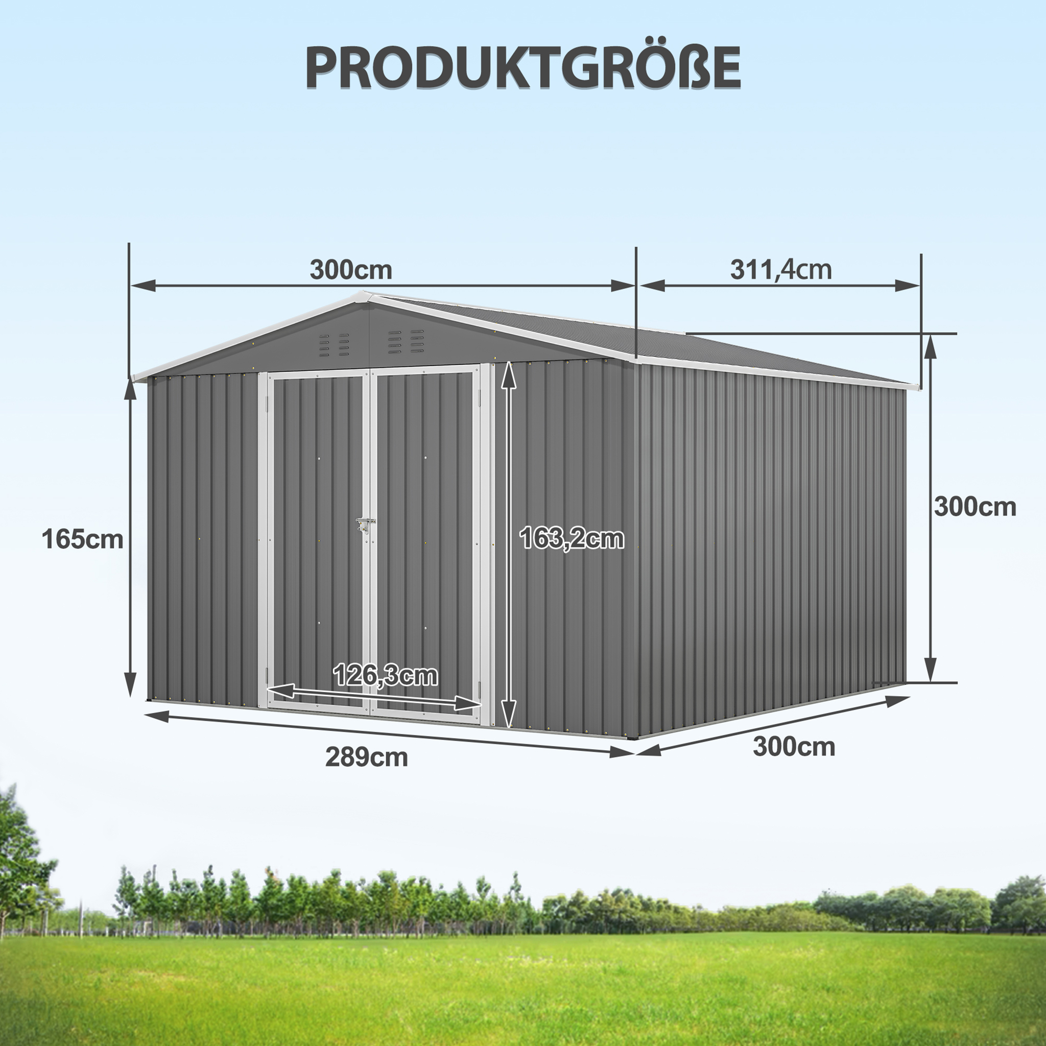 Grauer Gartenschuppen mit Maßen: 300cm breit, 311,4cm tief, 165cm hoch.