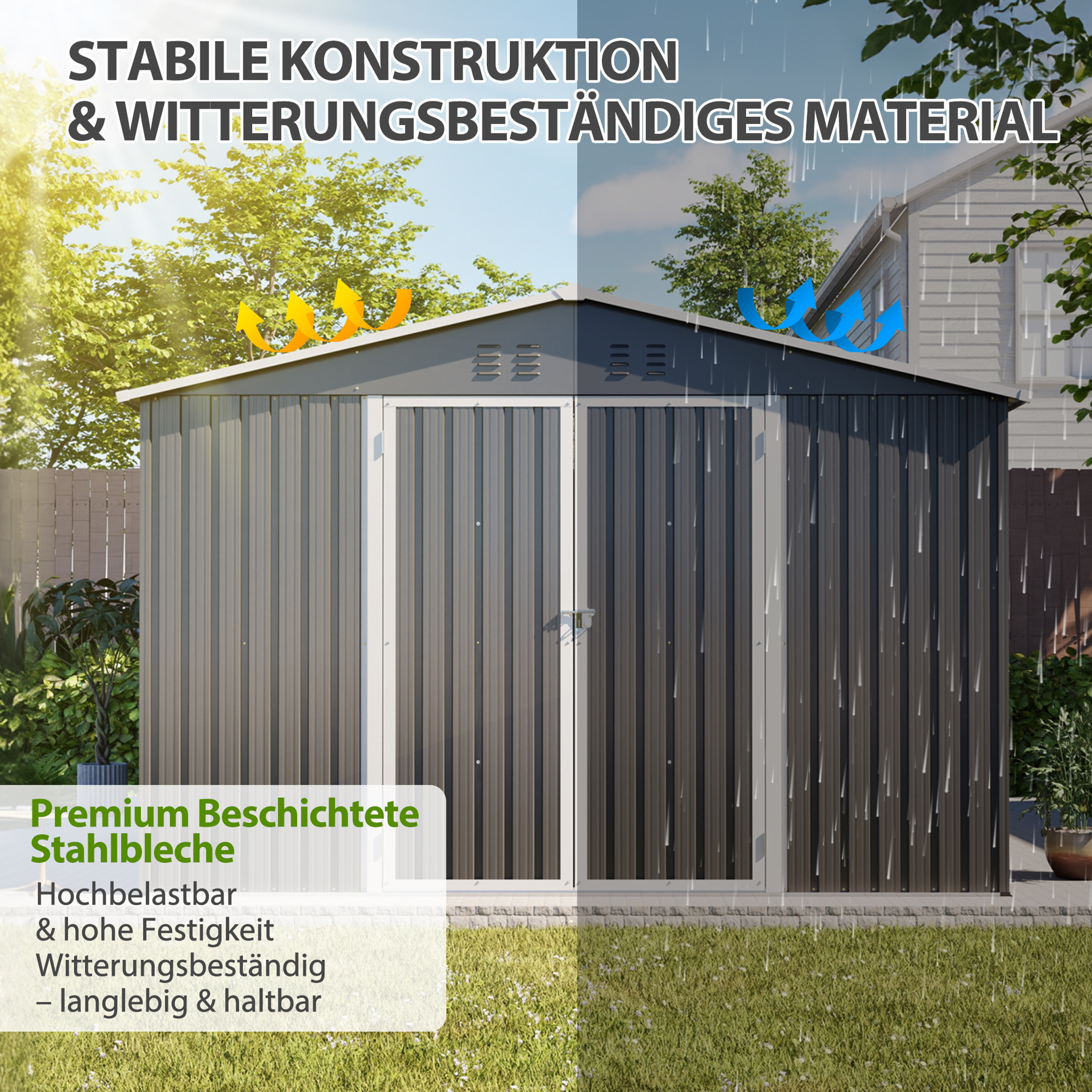 Stabiler Schuppen bei Sonne und Regen, aus beschichtetem Stahlblech.