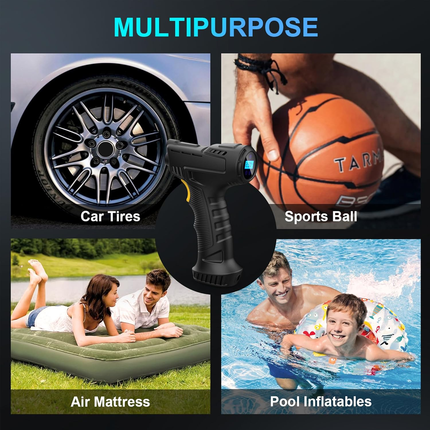 Ein schwarzer Luftkompressor für Autos, Bälle, Matratzen und Pool-Spielzeug.