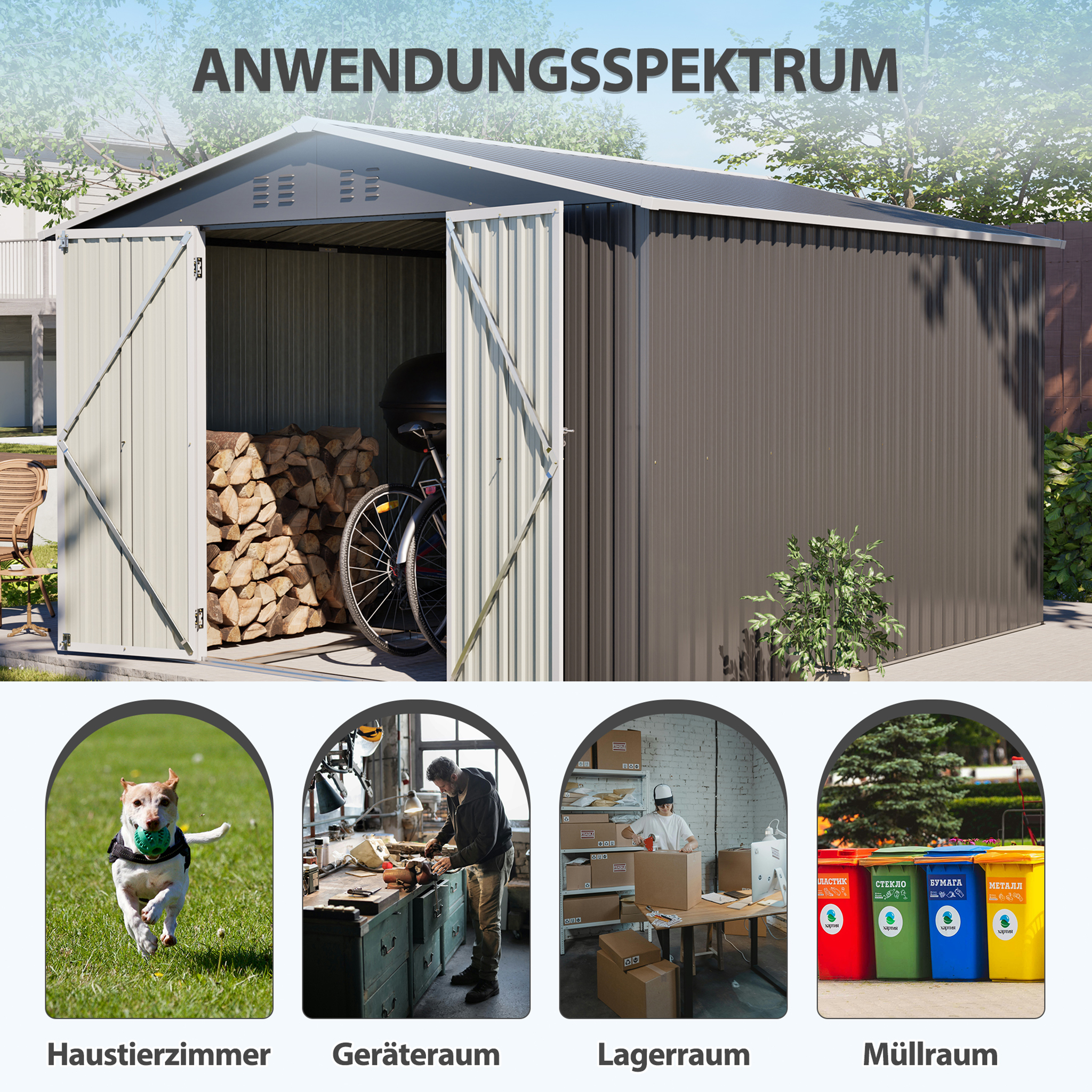 Ein Metallschuppen mit offenen Türen zeigt Holzscheite und ein Fahrrad. Vier Kreisbilder unten zeigen Hund, Werkstatt, Lager, Mülltonnen.