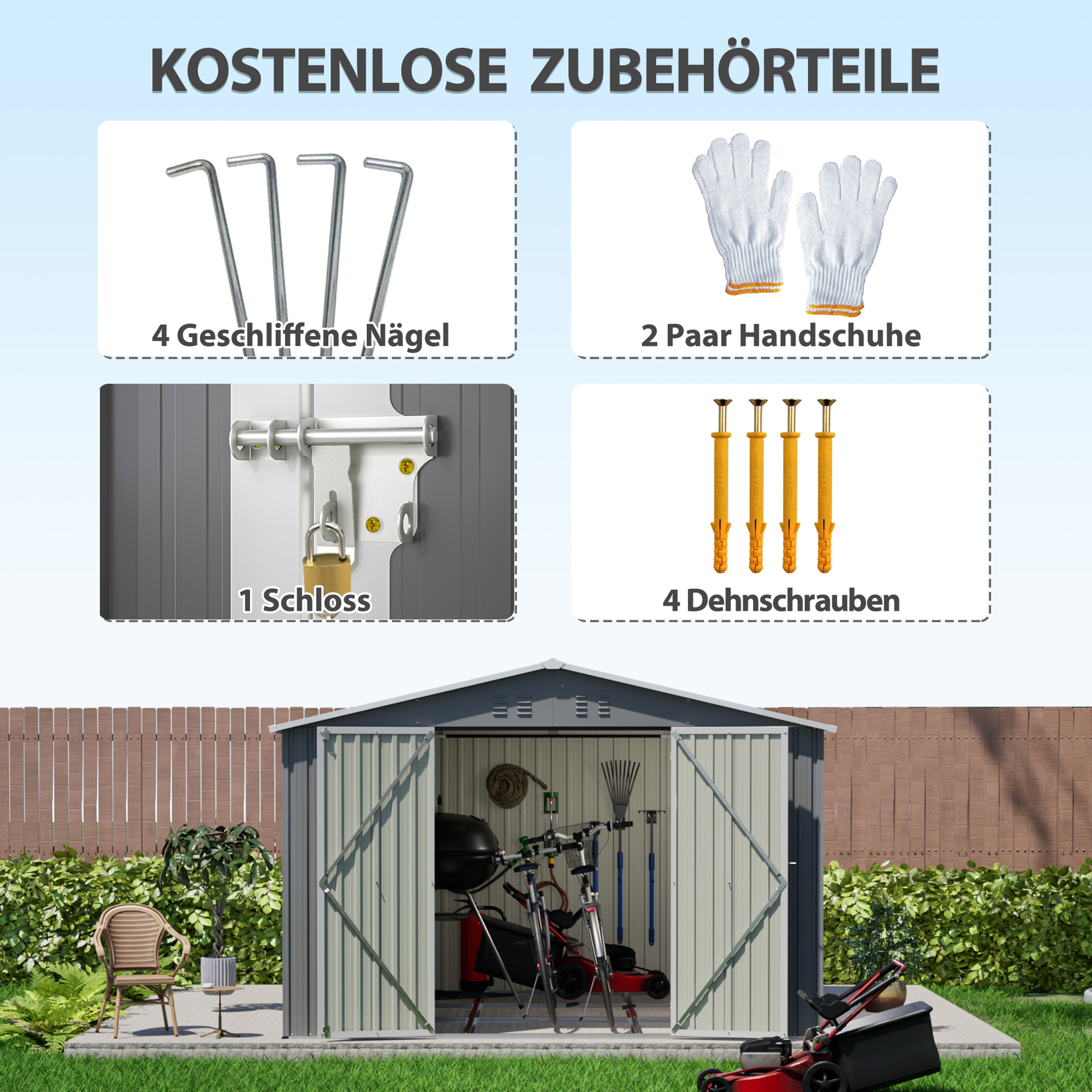 Gartenhaus mit Zubehör: 4 Hämmer, Handschuhe, Schloss, Schrauben.