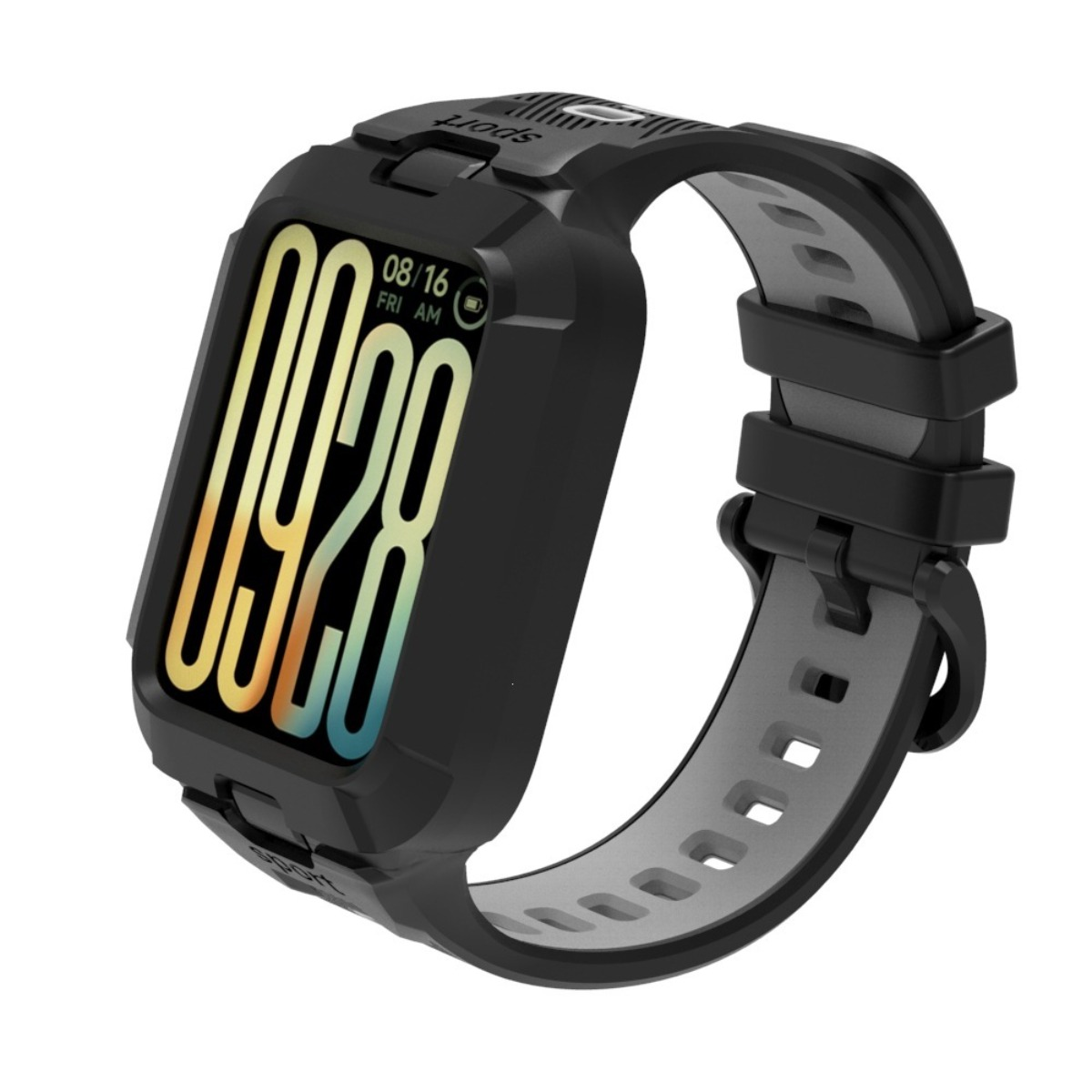 Schwarze Smartwatch mit grauem Armband und digitaler Anzeige 08/16.