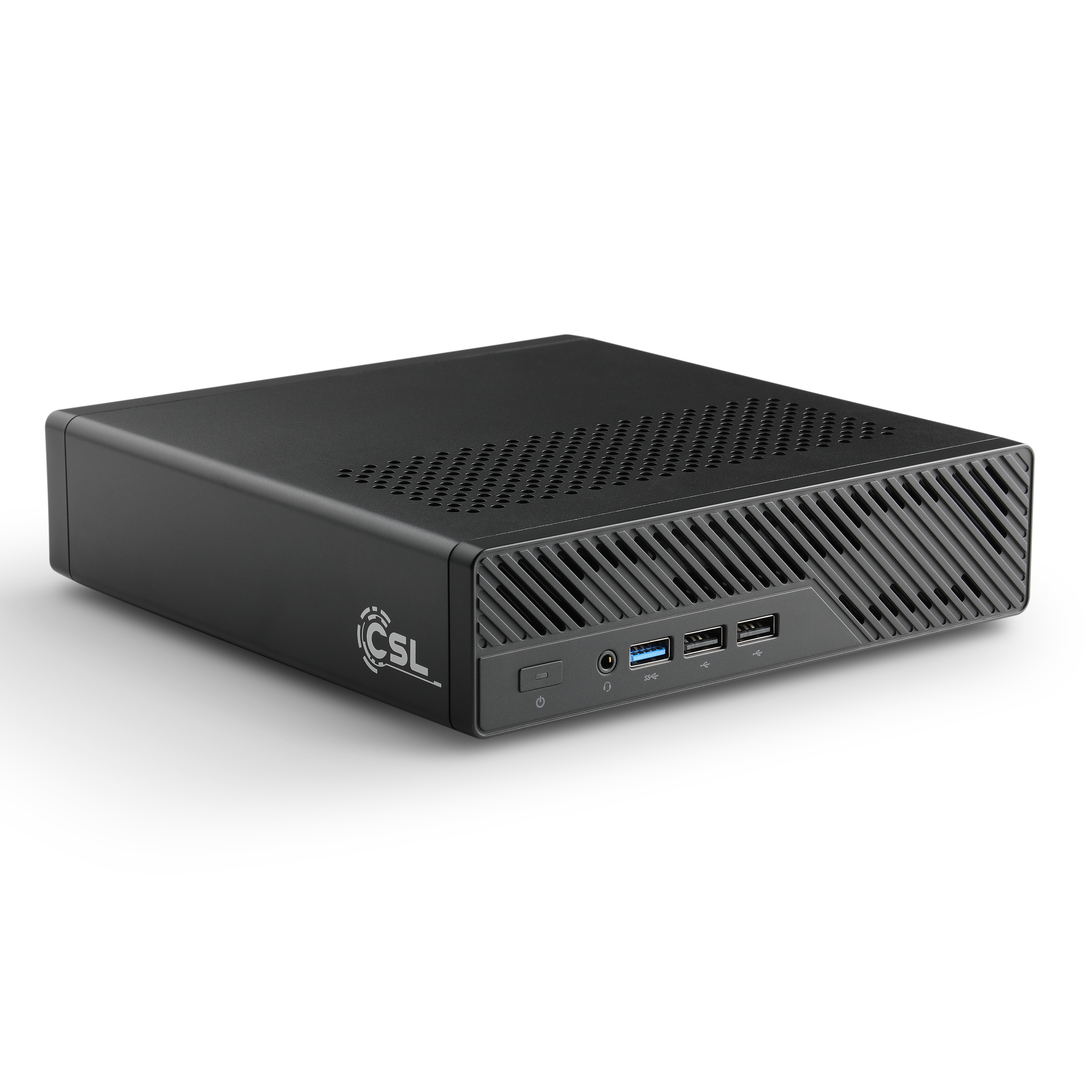 Ein schwarzer Mini-PC mit Lüftungsschlitzen und Anschlüssen an der Vorderseite.
