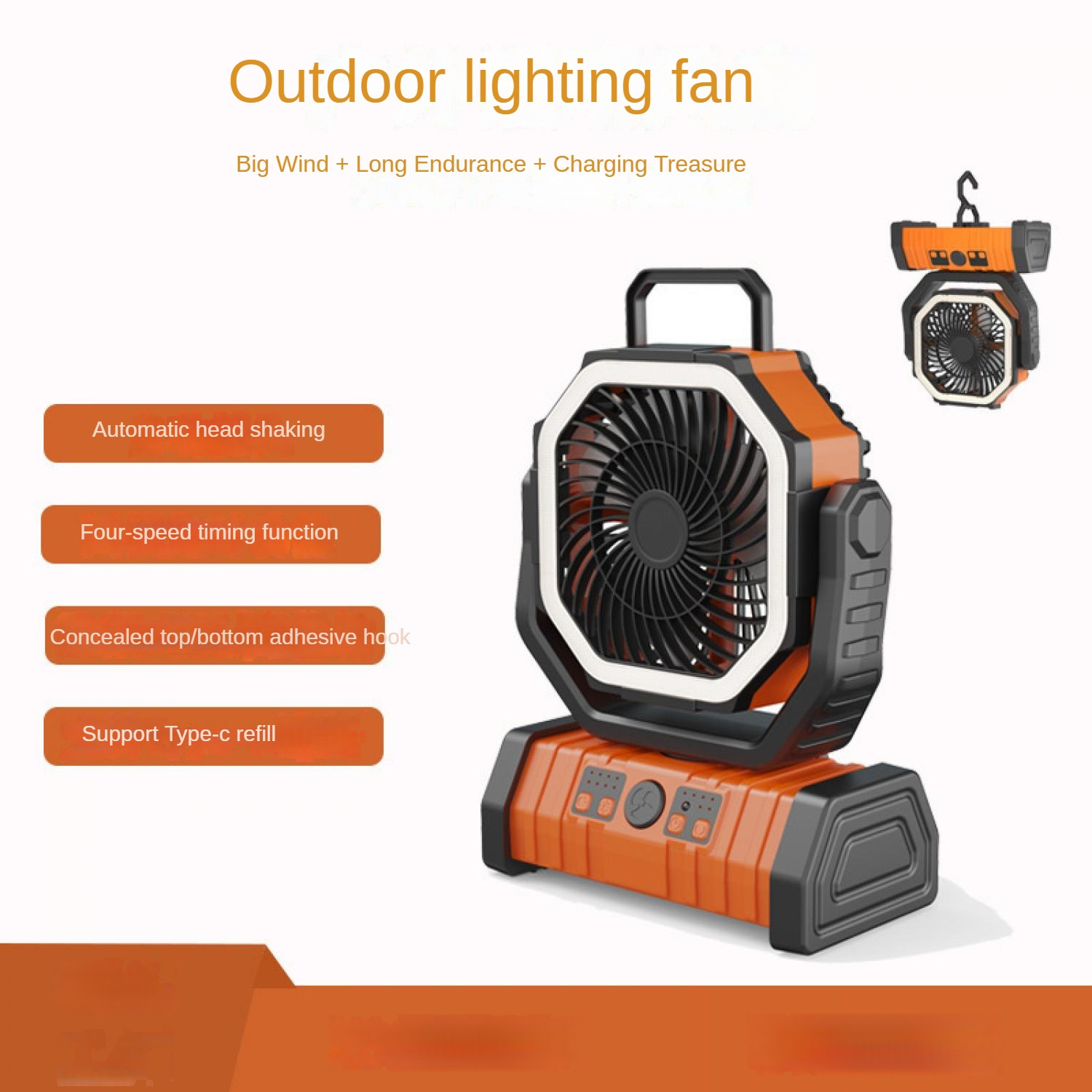 Orange und schwarzer Outdoor-Ventilator mit Licht, Haken und Ladefunktion.