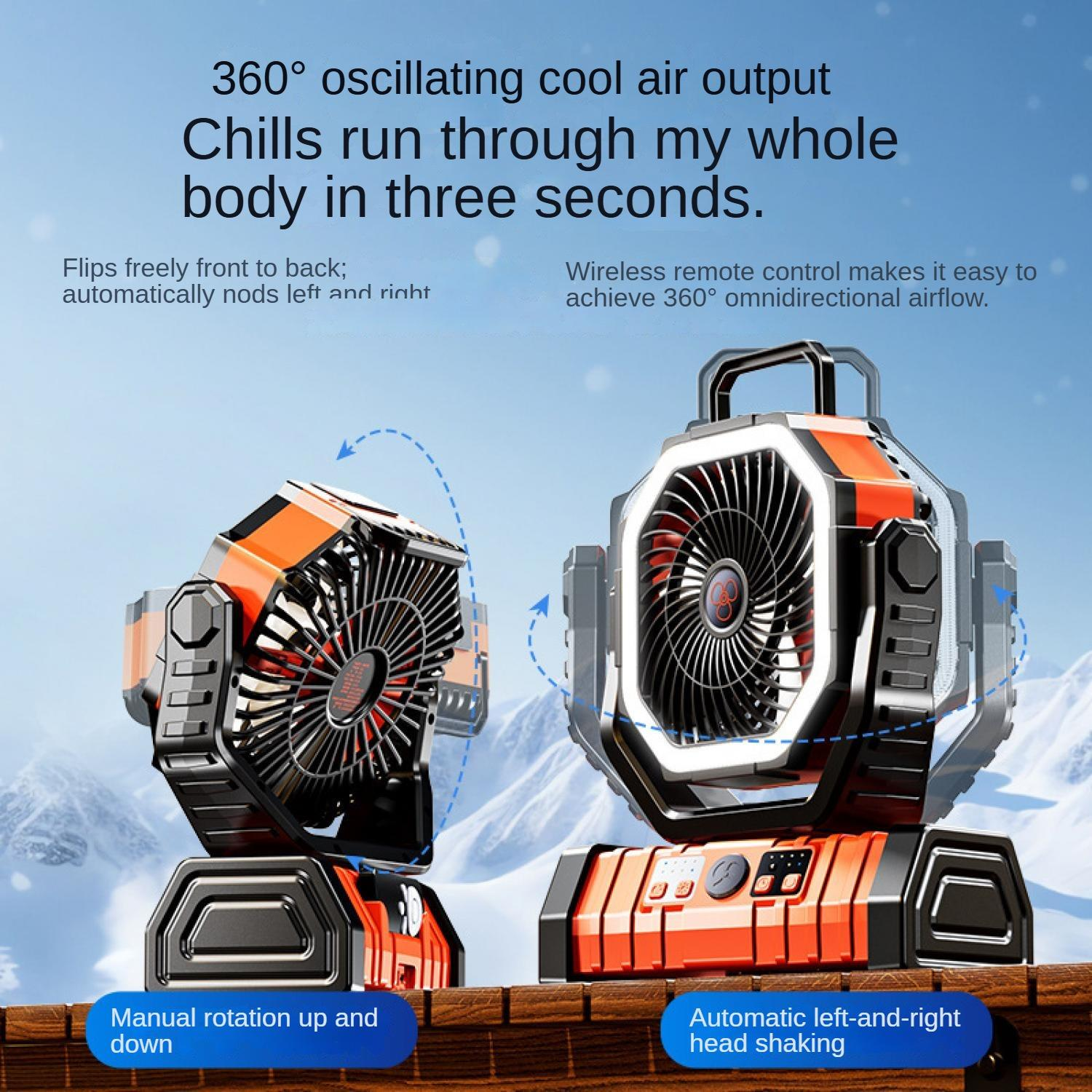 Ein orangefarbener Ventilator mit 360-Grad-Oszillation auf einem Holztisch vor Bergen.
