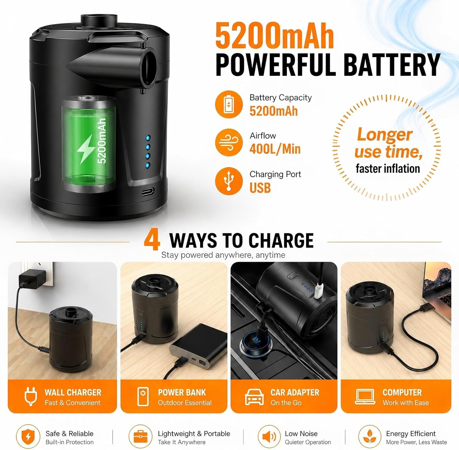 Schwarzes tragbares Ladegerät mit 5200mAh Akku, das über Wand, Powerbank, Auto und Computer geladen wird.