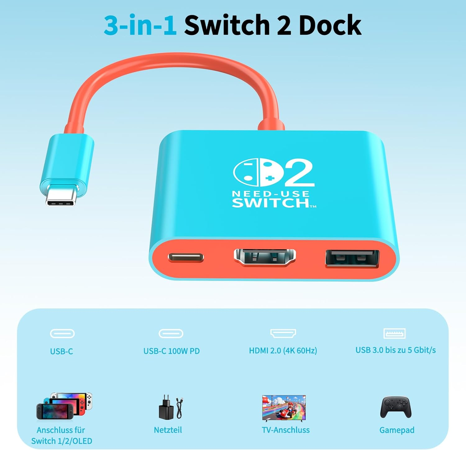 Blauer 3-in-1 Switch Dock mit roten Akzenten, orangefarbenem Kabel und USB-C, HDMI, USB-Ports.
