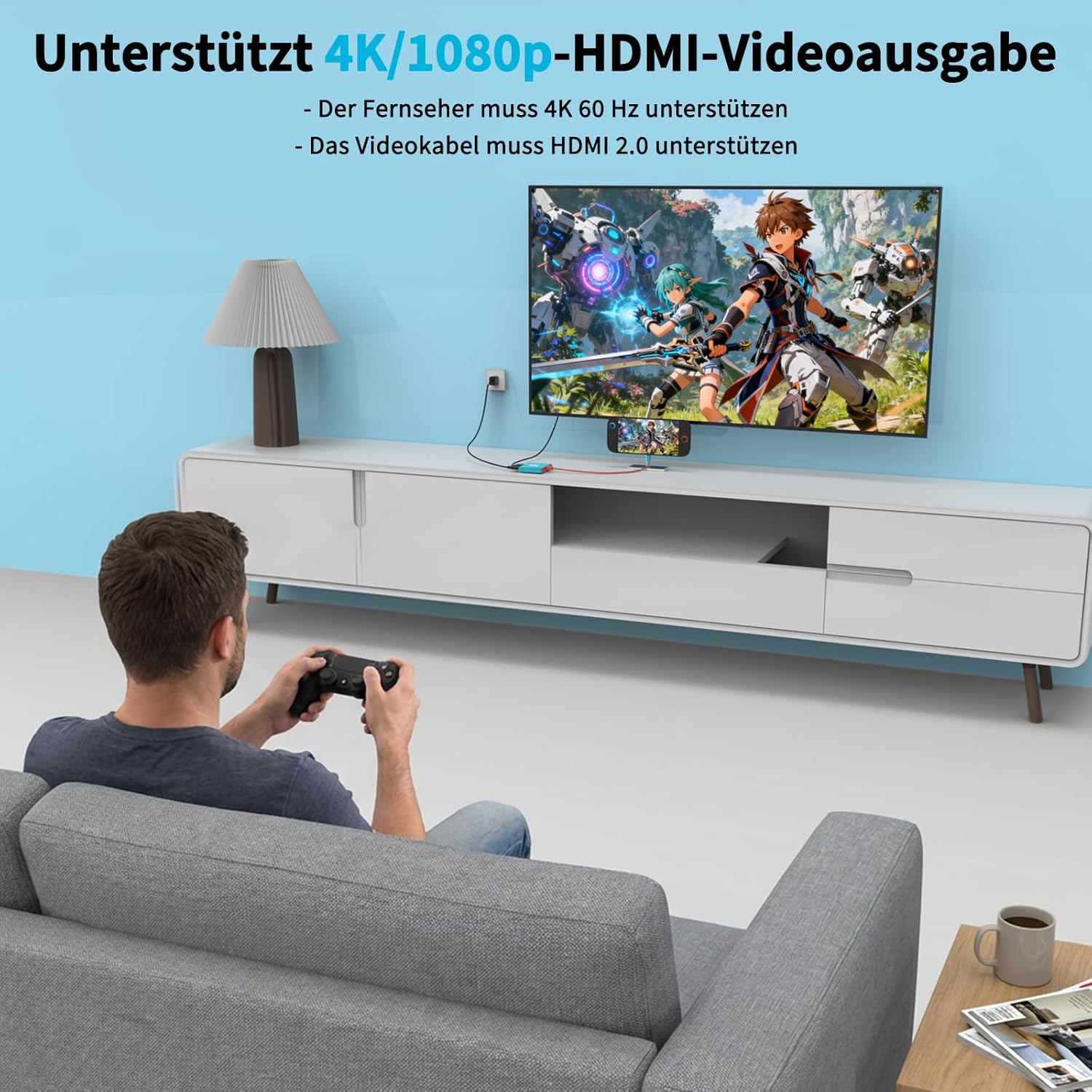 Mann spielt Videospiel auf Fernseher, der 4K/1080p HDMI unterstützt.