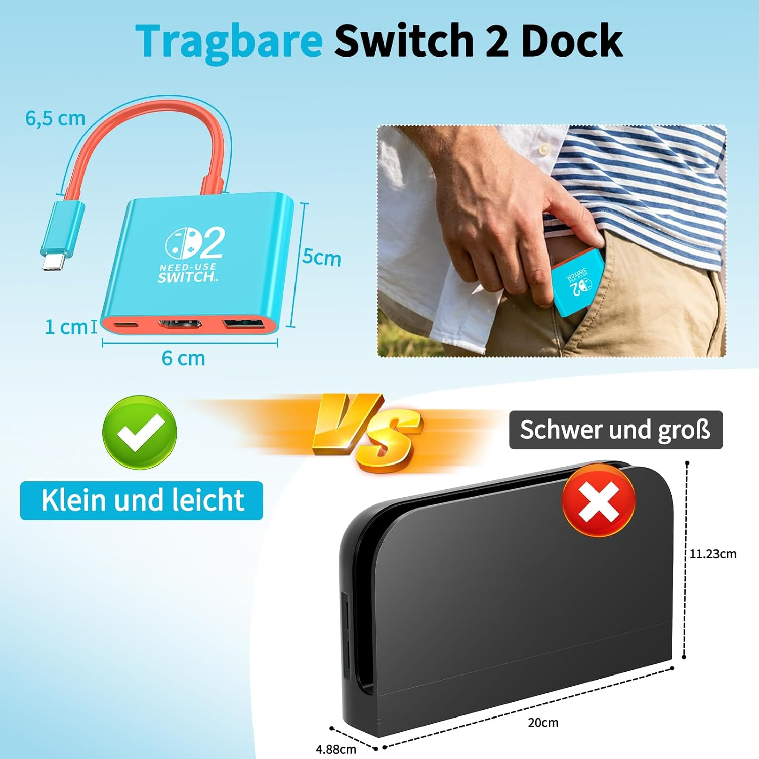 Kompakter Switch-Dock vs. großer Dock. Maße und Portabilität hervorgehoben.