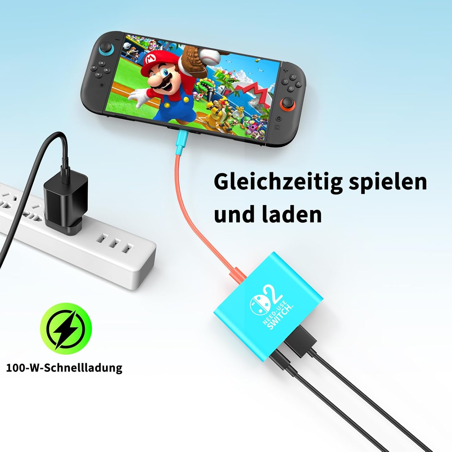 Nintendo Switch wird geladen und gespielt. 100W Schnellladung.
