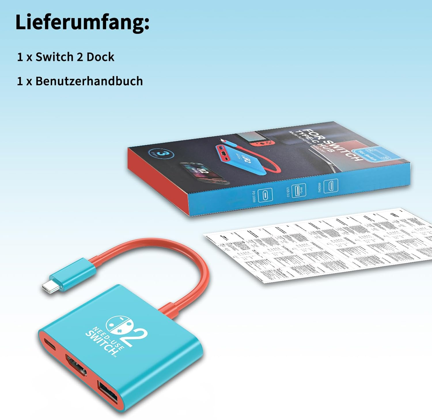 Lieferumfang: Switch 2 Dock, Benutzerhandbuch, Typ-C Hub, Anleitung.