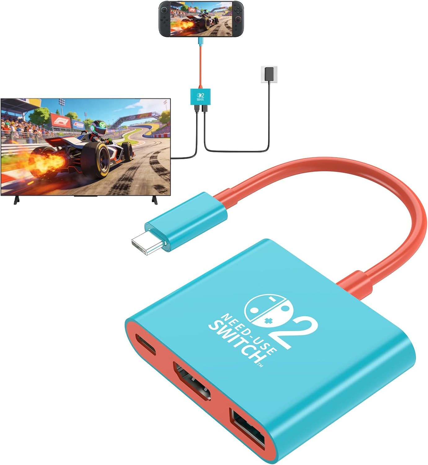 Ein blauer Adapter verbindet ein Telefon und einen Fernseher mit einem Rennspiel.