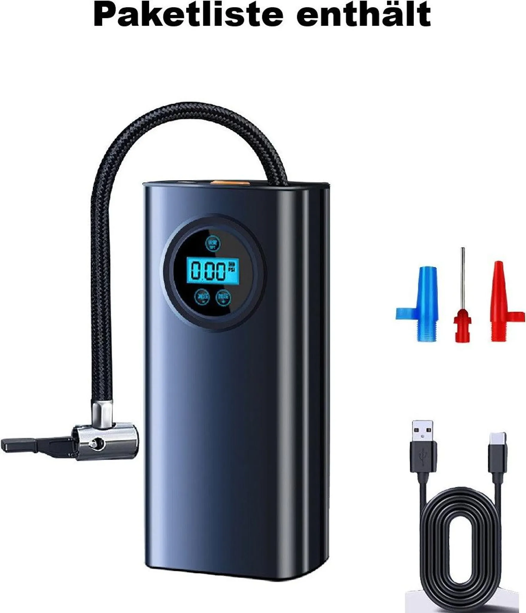 Schwarzer tragbarer Kompressor mit digitaler Anzeige, Schlauch, Adapter und Ladekabel.