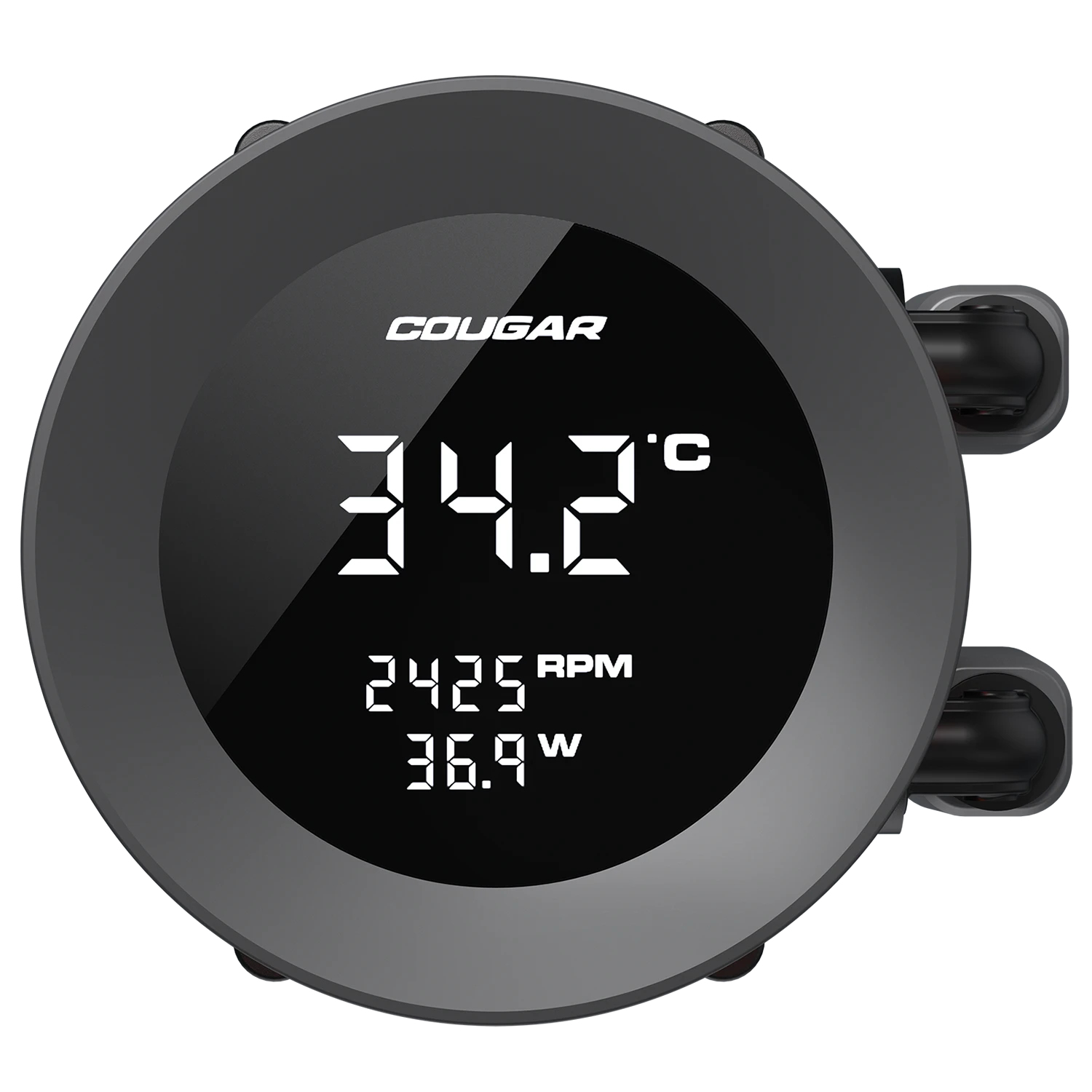 Czarny wentylator z cyfrowym wyświetlaczem: 34,2°C, 2425 obr./min, 36,9W.