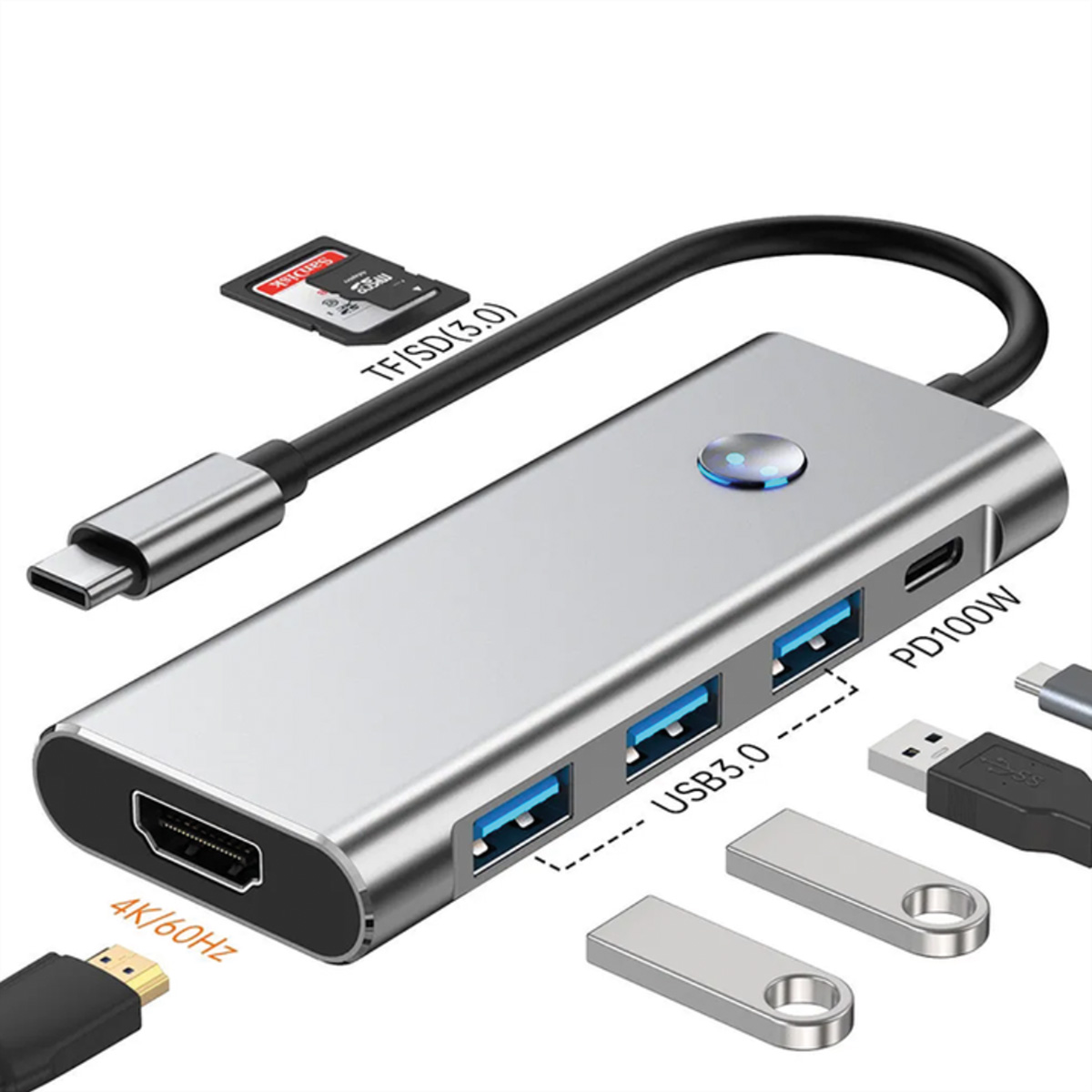 Ein silberner USB-C-Hub mit HDMI, USB 3.0, SD/TF-Kartenleser und PD100W.