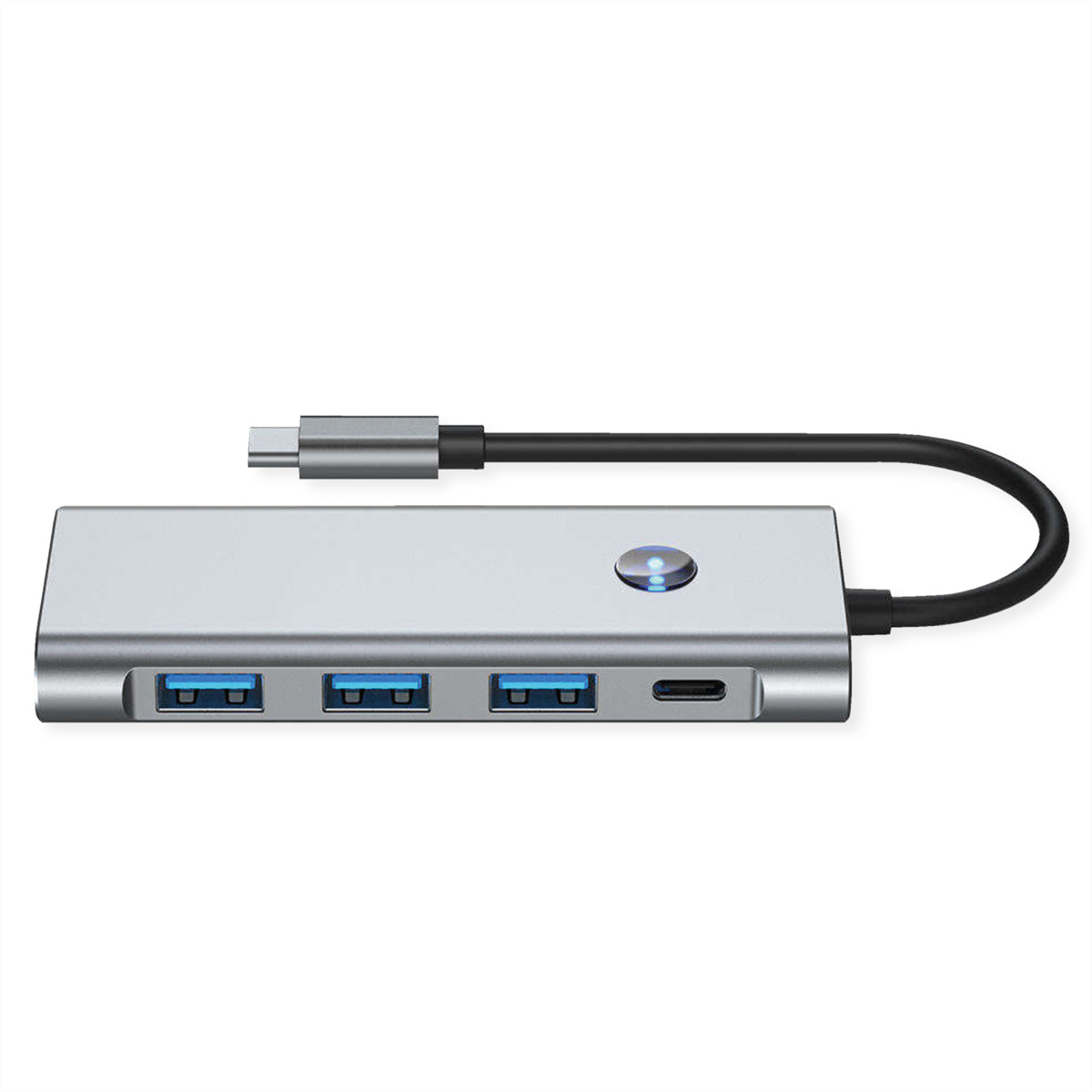 Ein silberner USB-C-Hub mit 3 USB-A-Anschlüssen, 1 USB-C-Anschluss und einem blauen Licht.