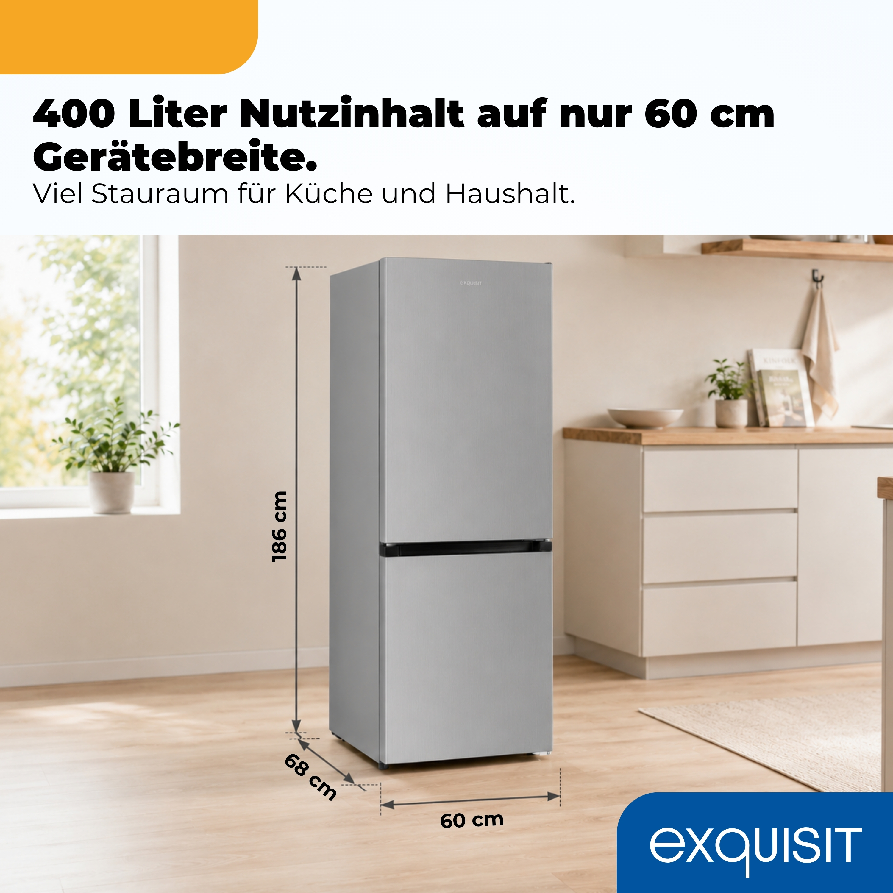Ein silberner Kühlschrank mit 186 cm Höhe steht in einer Küche.