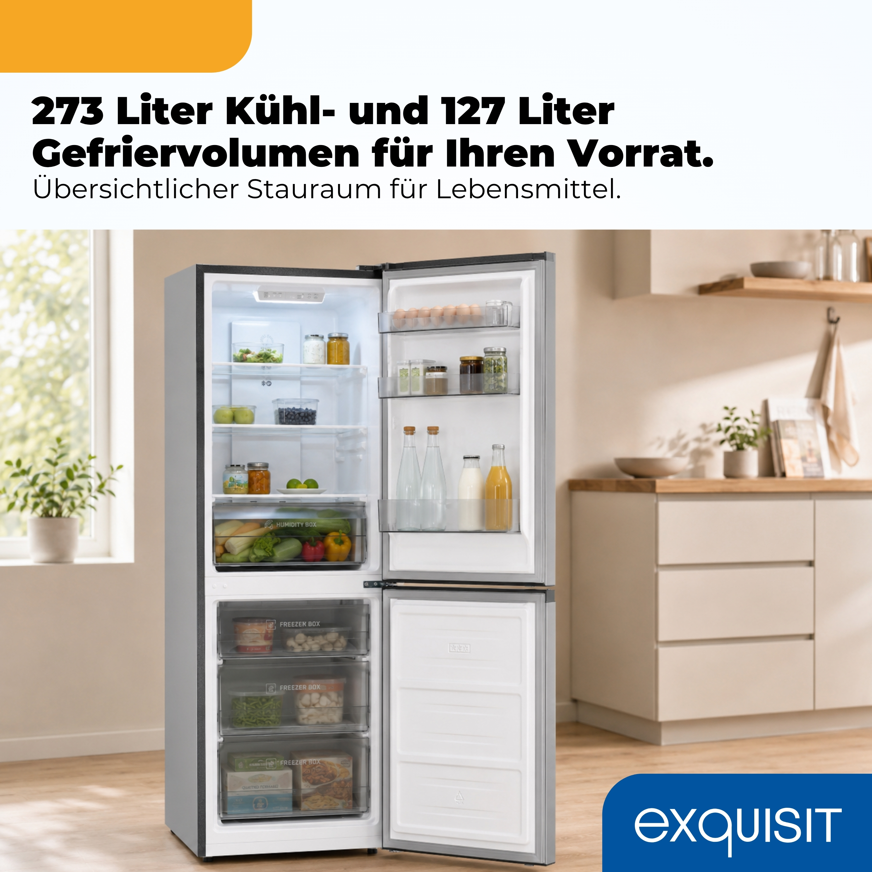 Offener Kühlschrank mit Lebensmitteln und Gefrierfächern.