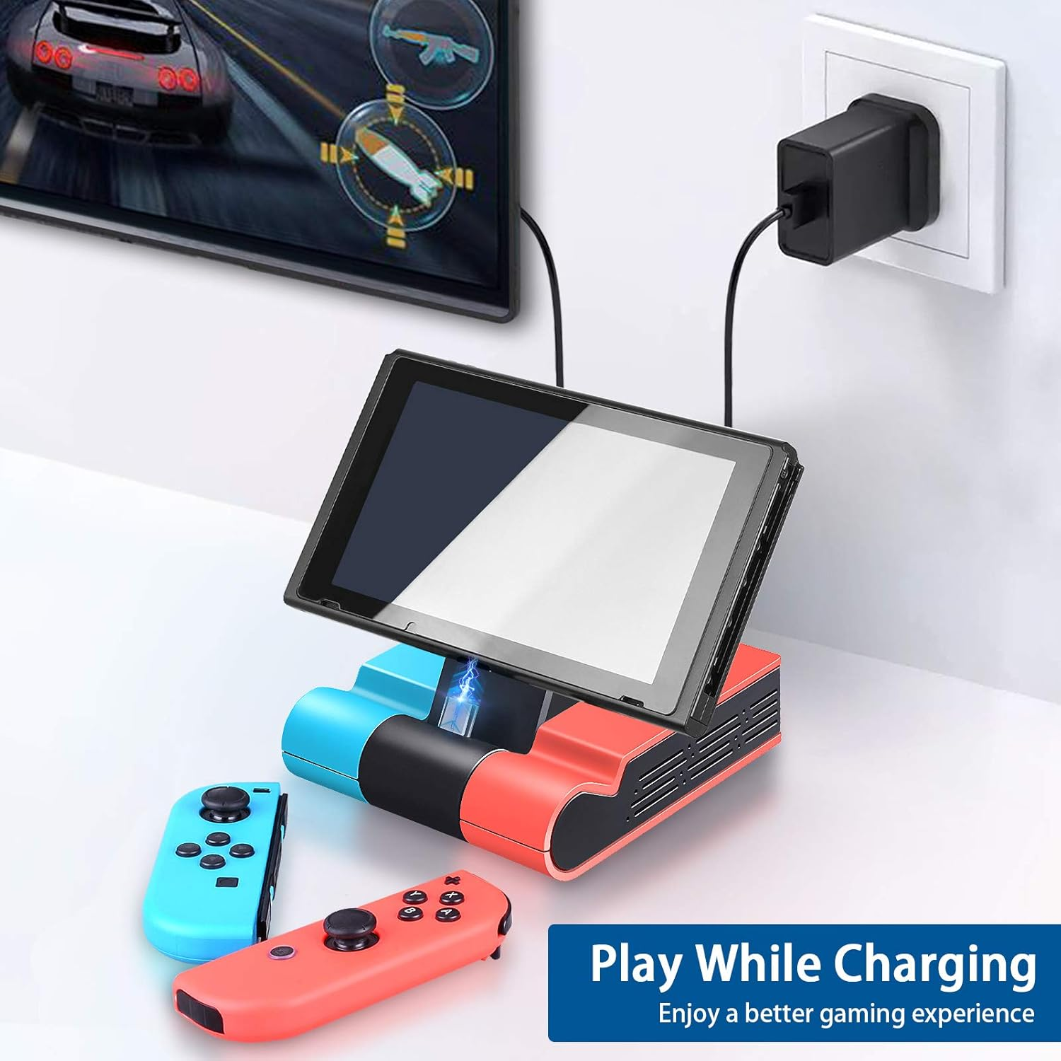 Ein Gamepad-Ladegerät mit blauen und roten Joy-Cons, das ein Tablet auflädt.