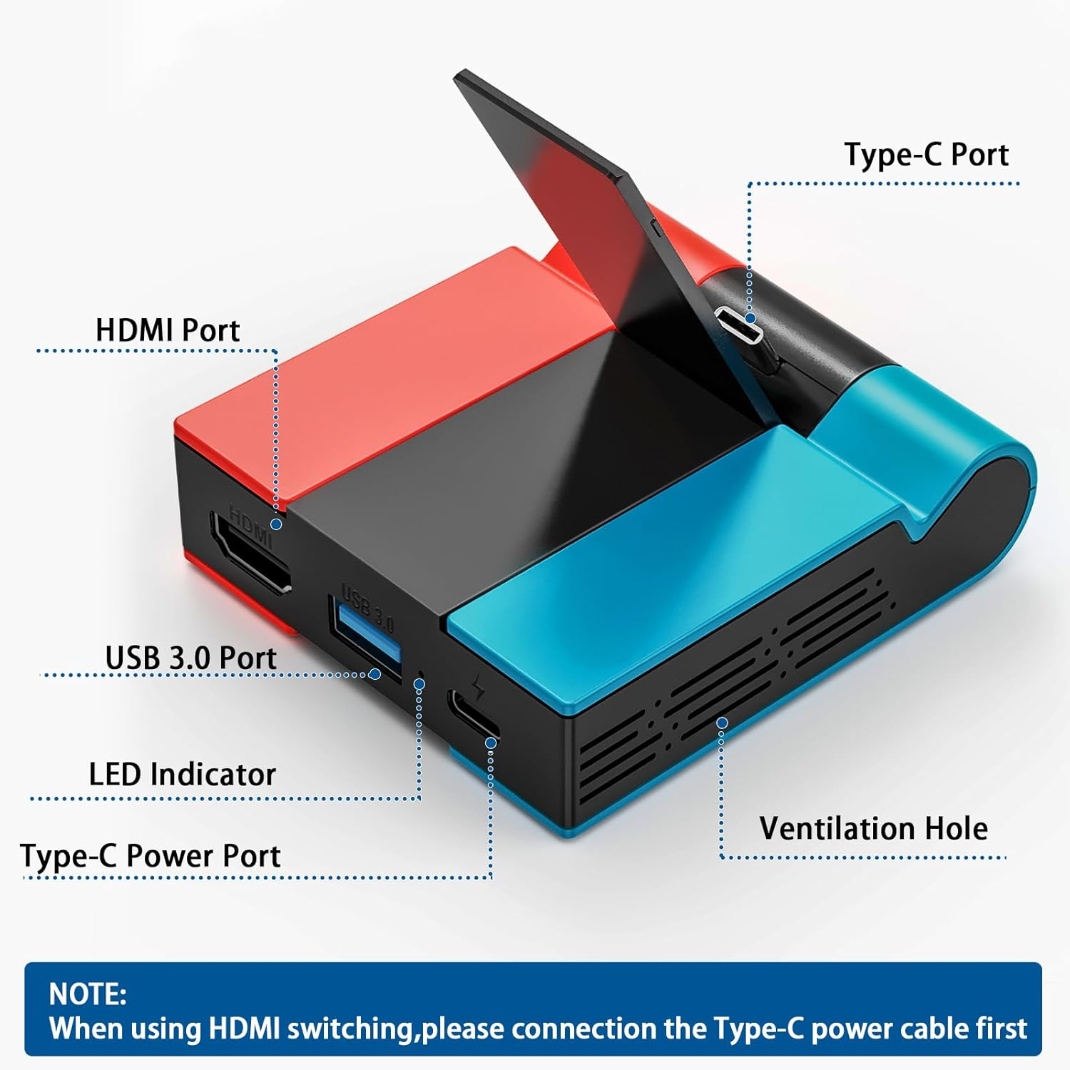Ein roter und blauer Dockingständer mit HDMI-, USB-3.0- und Typ-C-Anschlüssen.