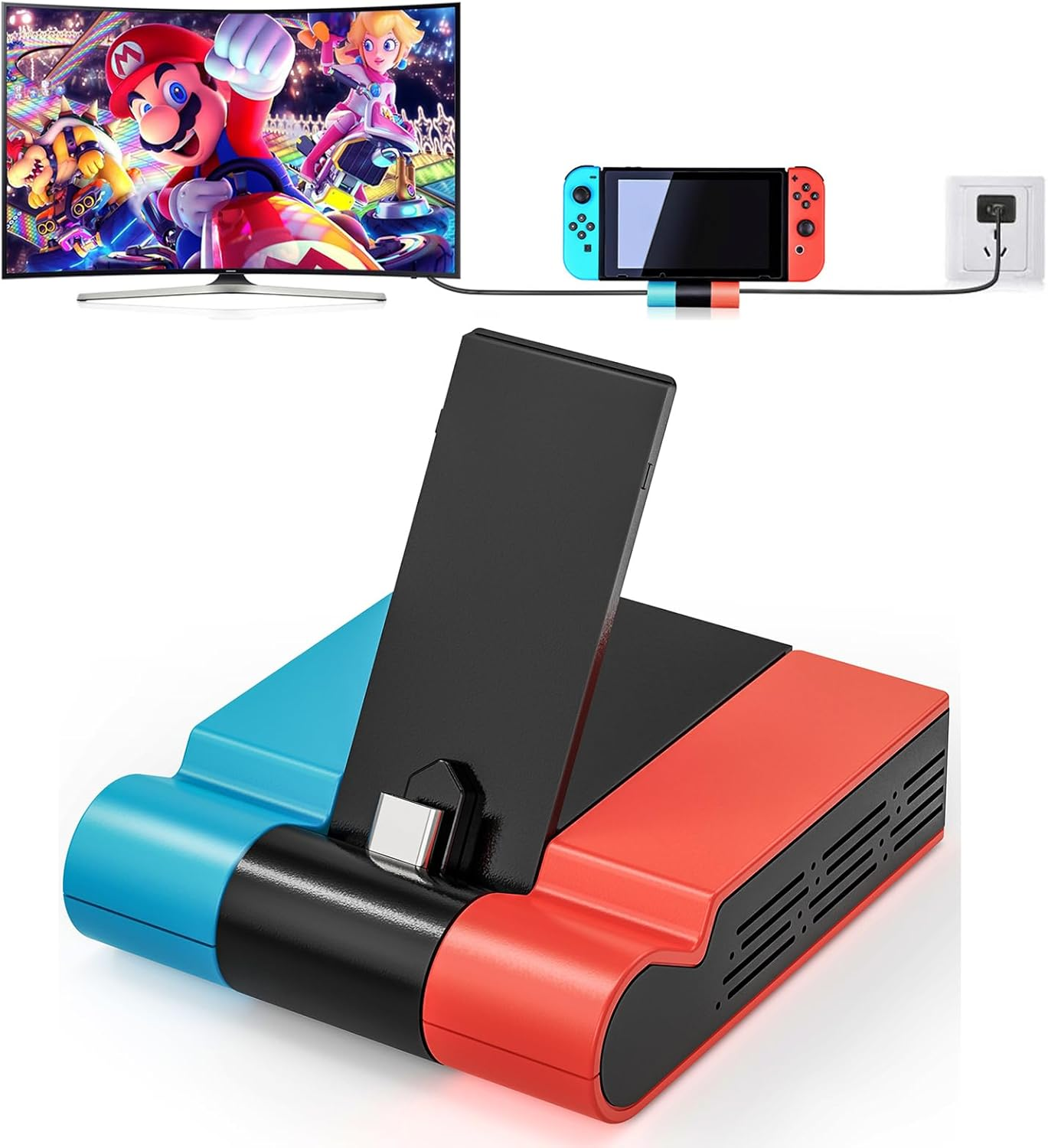 Nintendo Switch Konsole, Dock und Fernseher mit Mario Kart 8.