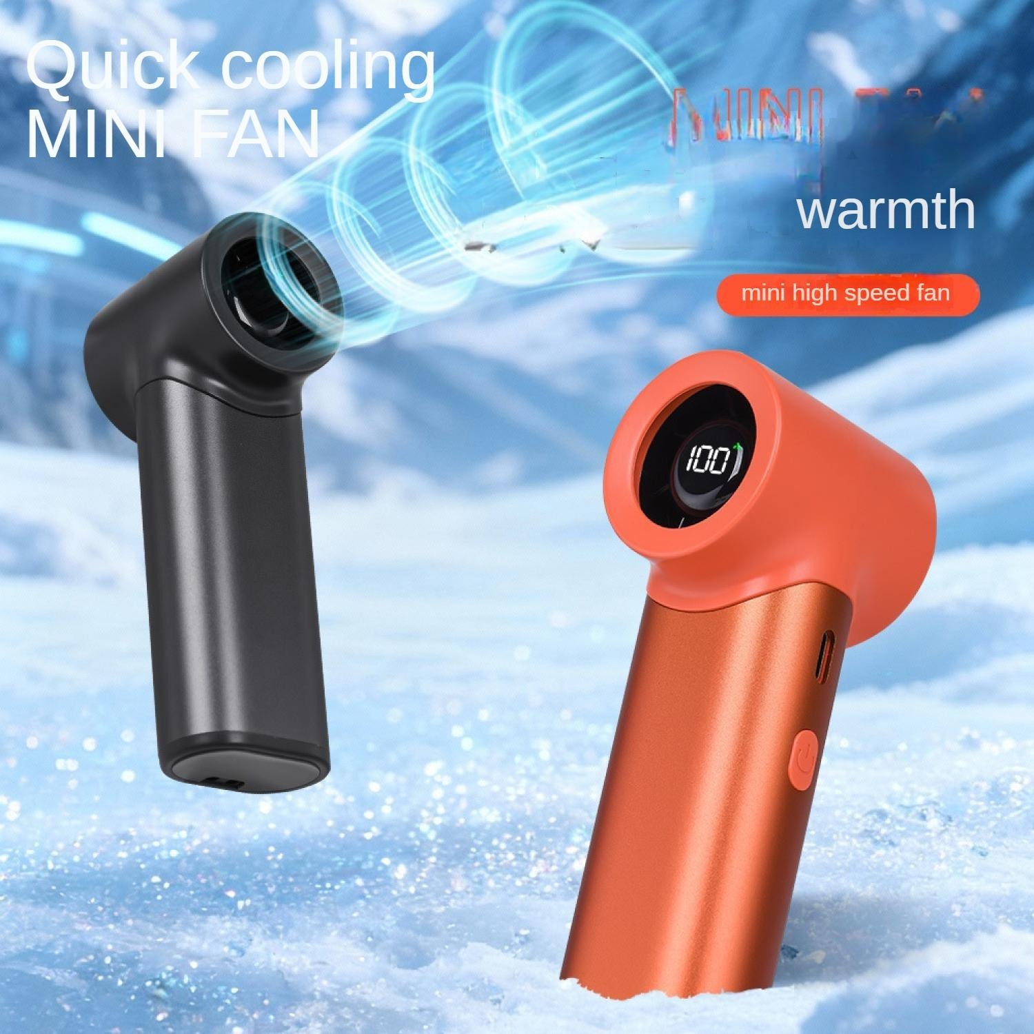 Zwei Mini-Ventilatoren, einer schwarz, einer orange, stehen im Schnee.