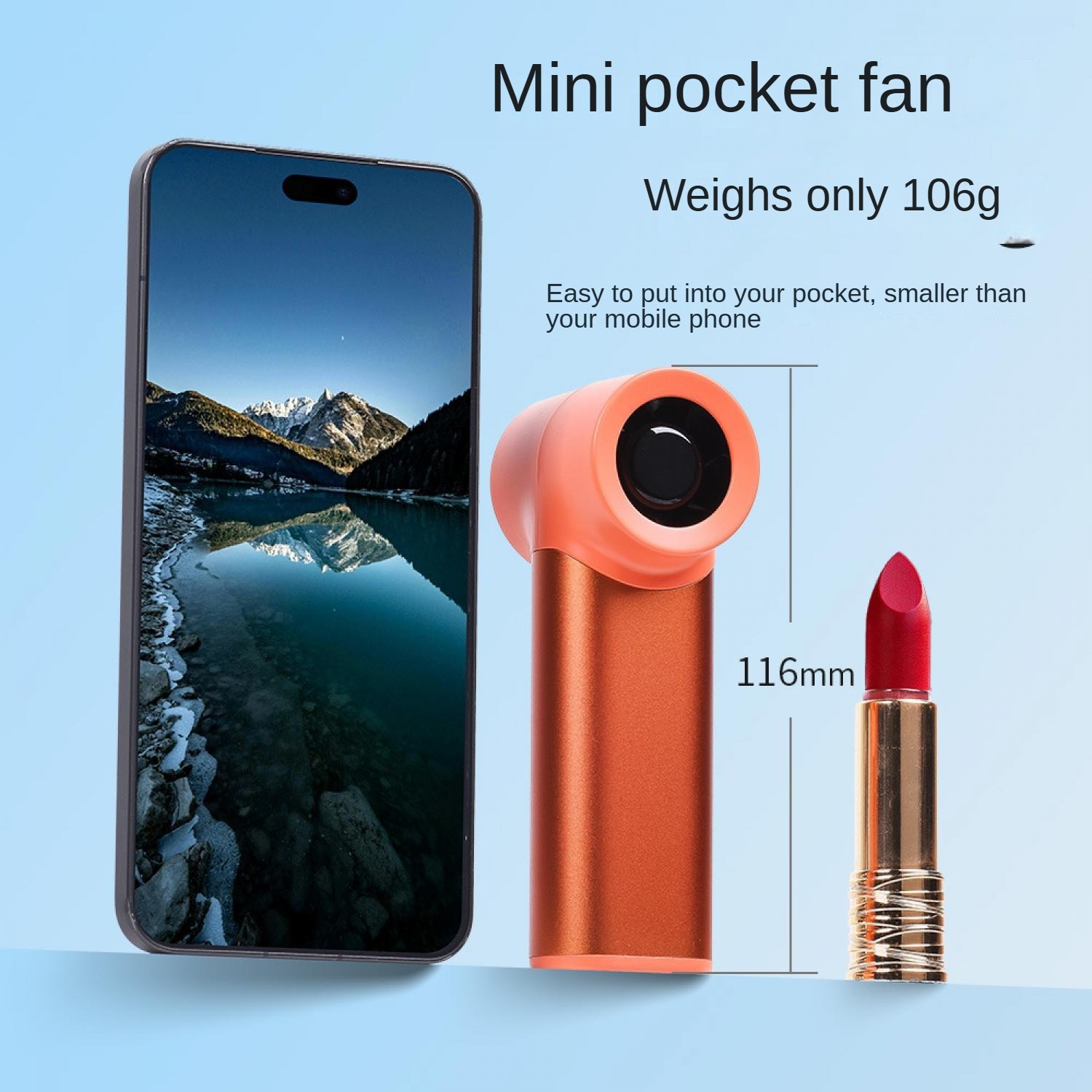 Ein orangefarbener Mini-Ventilator, kleiner als ein Smartphone, daneben ein Lippenstift.